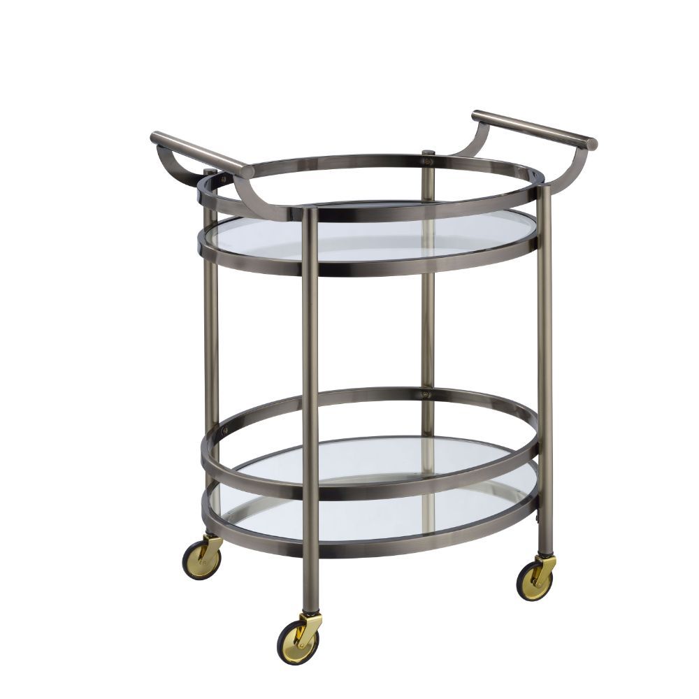ACME Show off your personality with the Lakelyn serving cart. The clear tempered glass top and mirror bottom are the ideal place for placing your dishes and dining accessories. Roll it where need be on its softer rubber wheels and prepare to entertain. |