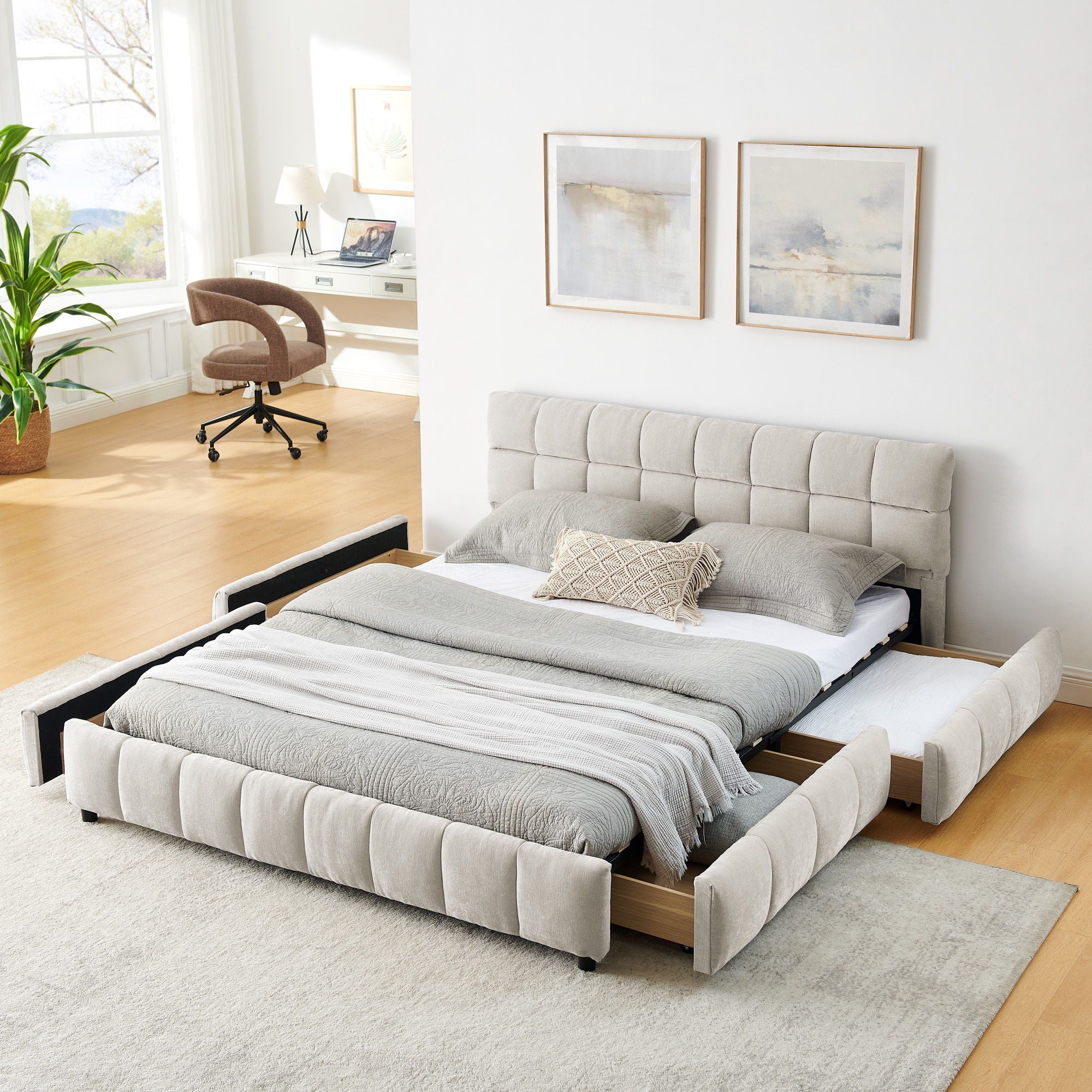 Modern Platform Bed Frame With Thick Chenille Fabric