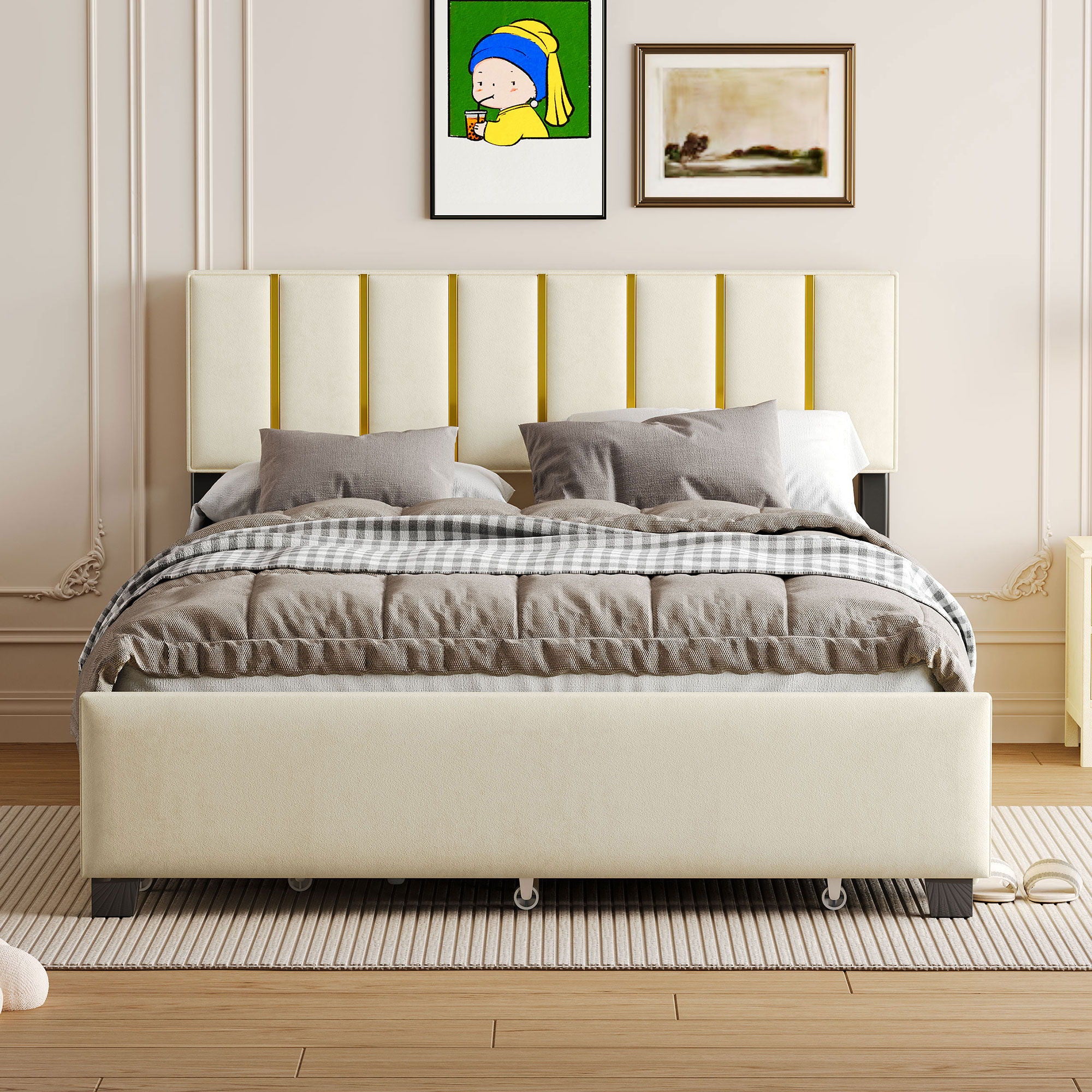 Upholstered Platform Bed With 2 Drawers And 1 Trundle, Classic Strip Headboard Design