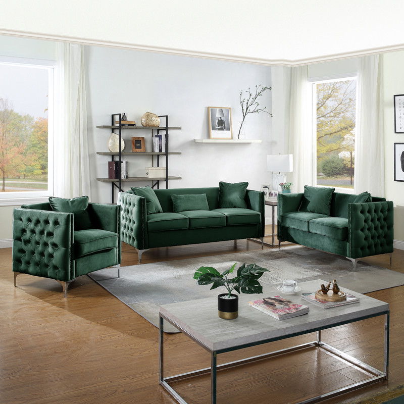 Bayberry Green Velvet Sofa Loveseat Chair Living Room Set