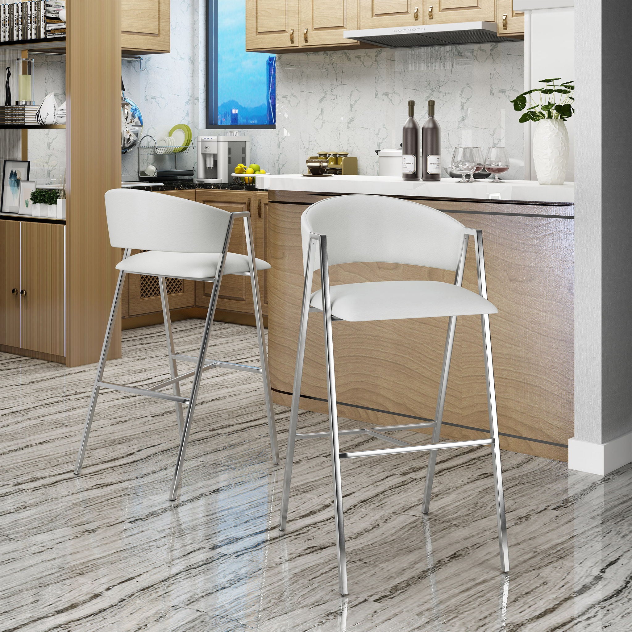 Modern Bar Stools With Low Back And Arms And Durable Metal Frame (Set of 2) - Ivory