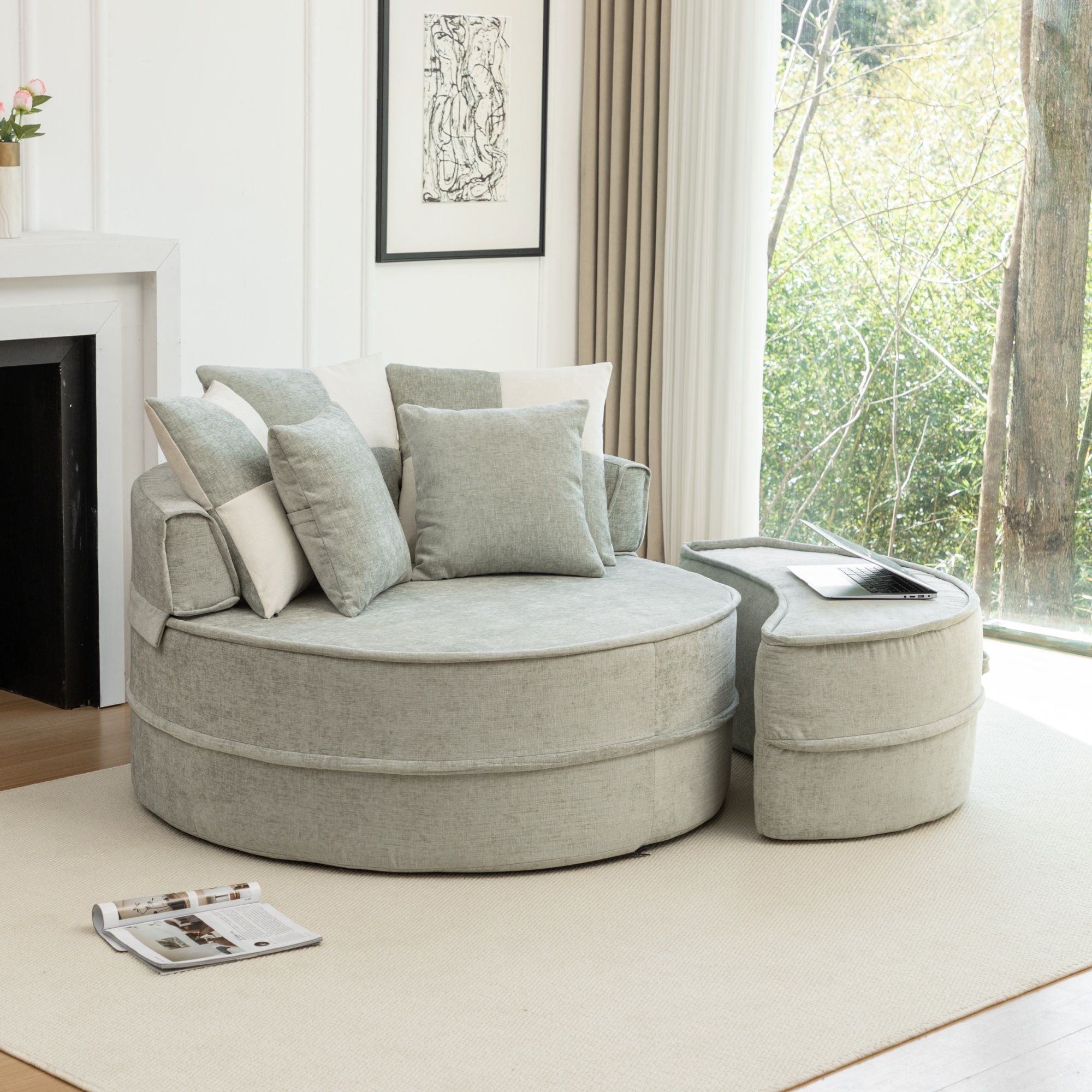 Modern Oversized Round Barrel Accent Chair With Ottoman