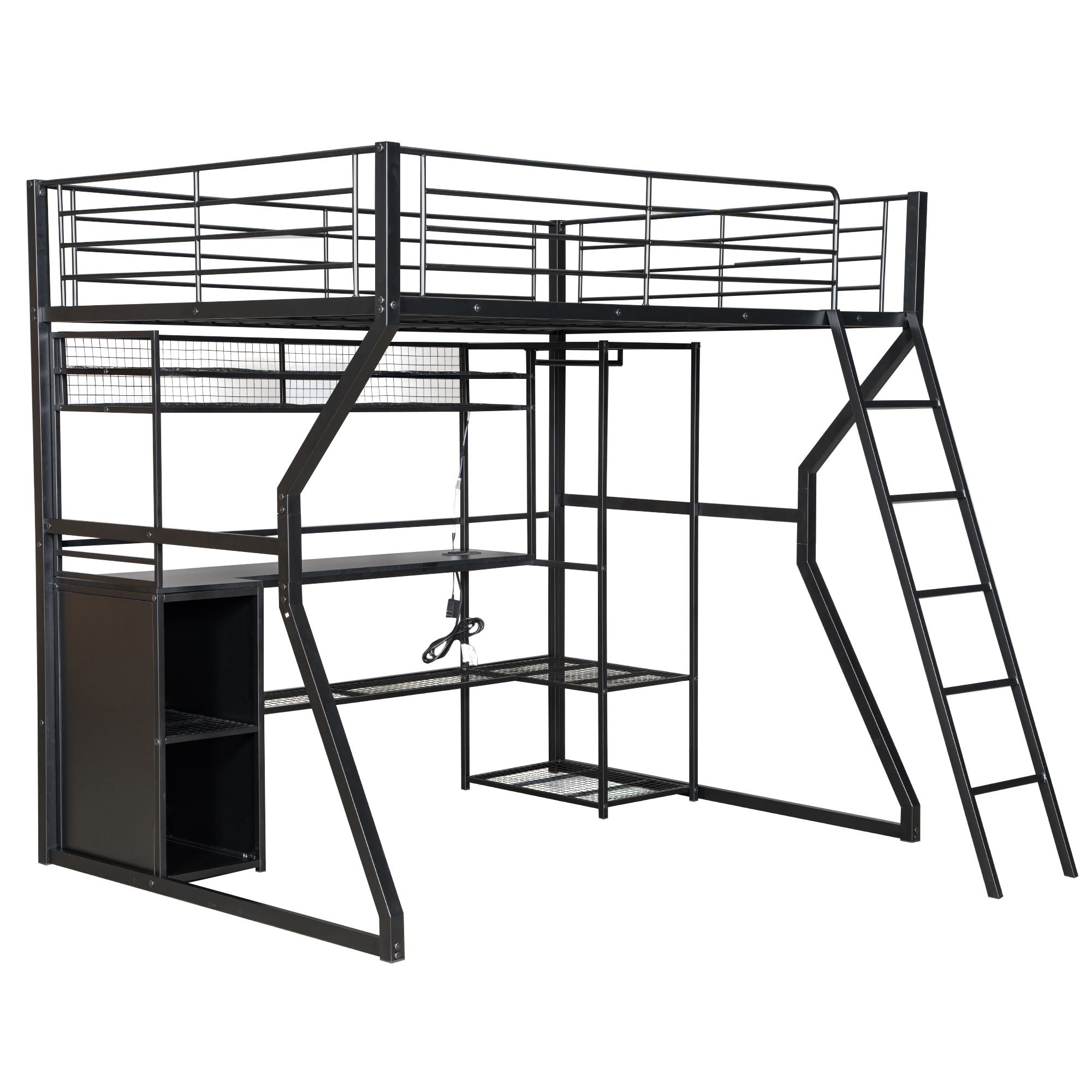 Full Size Gaming Loft Bed With Built In Work Station, Open Wardrobe, LED And Multiple Storage - Black
