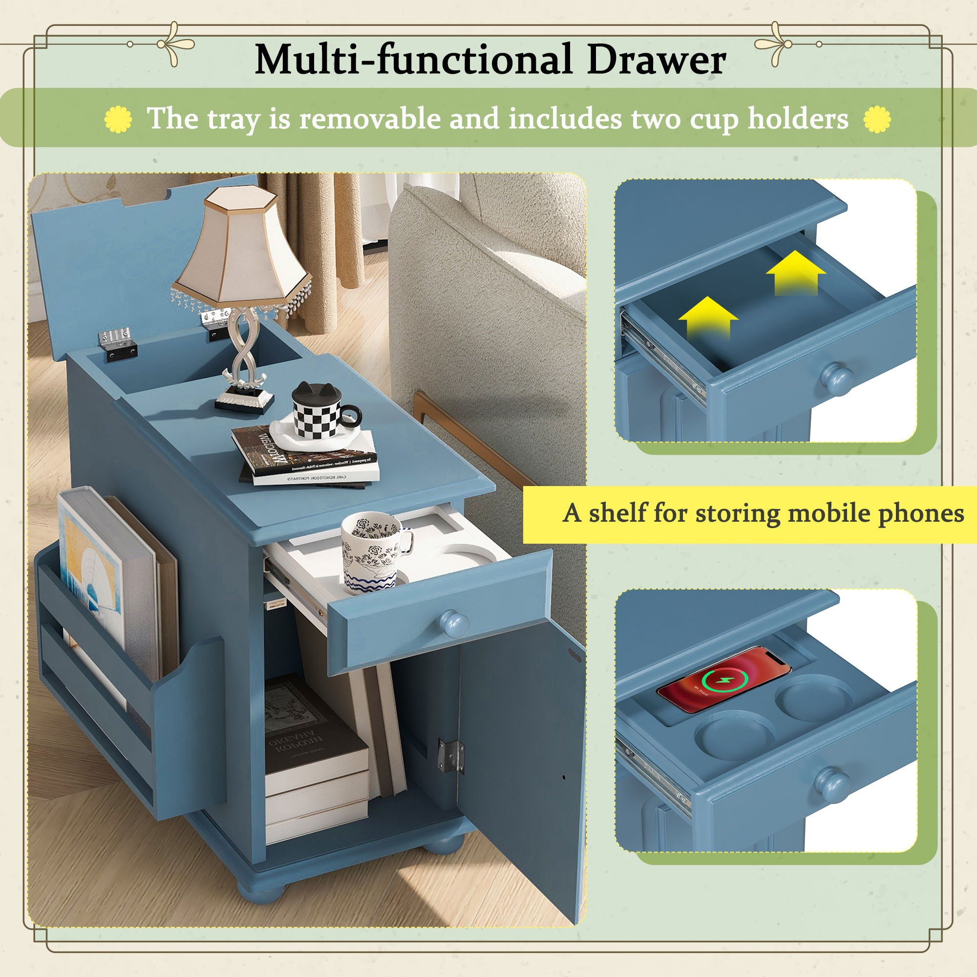 Vintage Flip Top Side Table With USB Ports