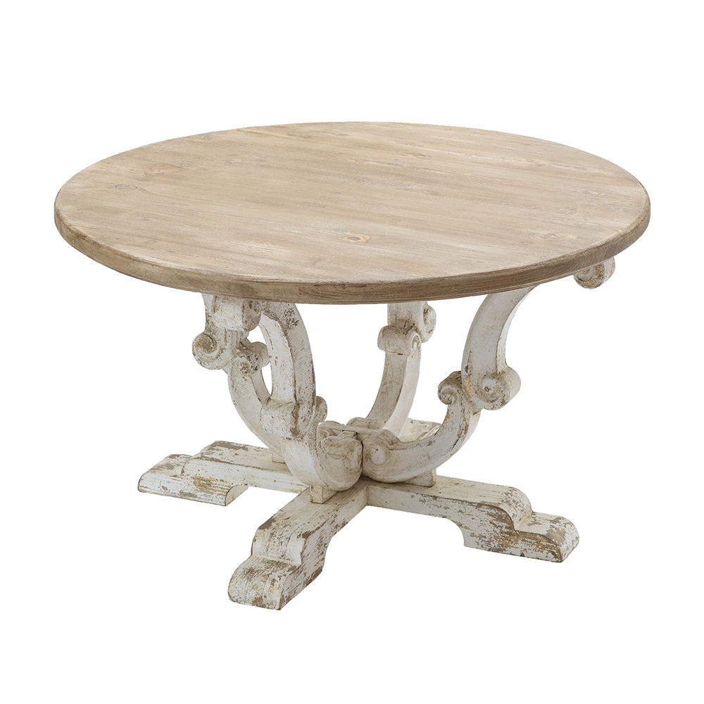 Round Wooden Coffee Table With Distressed Scrollwork Legs - Multicolor