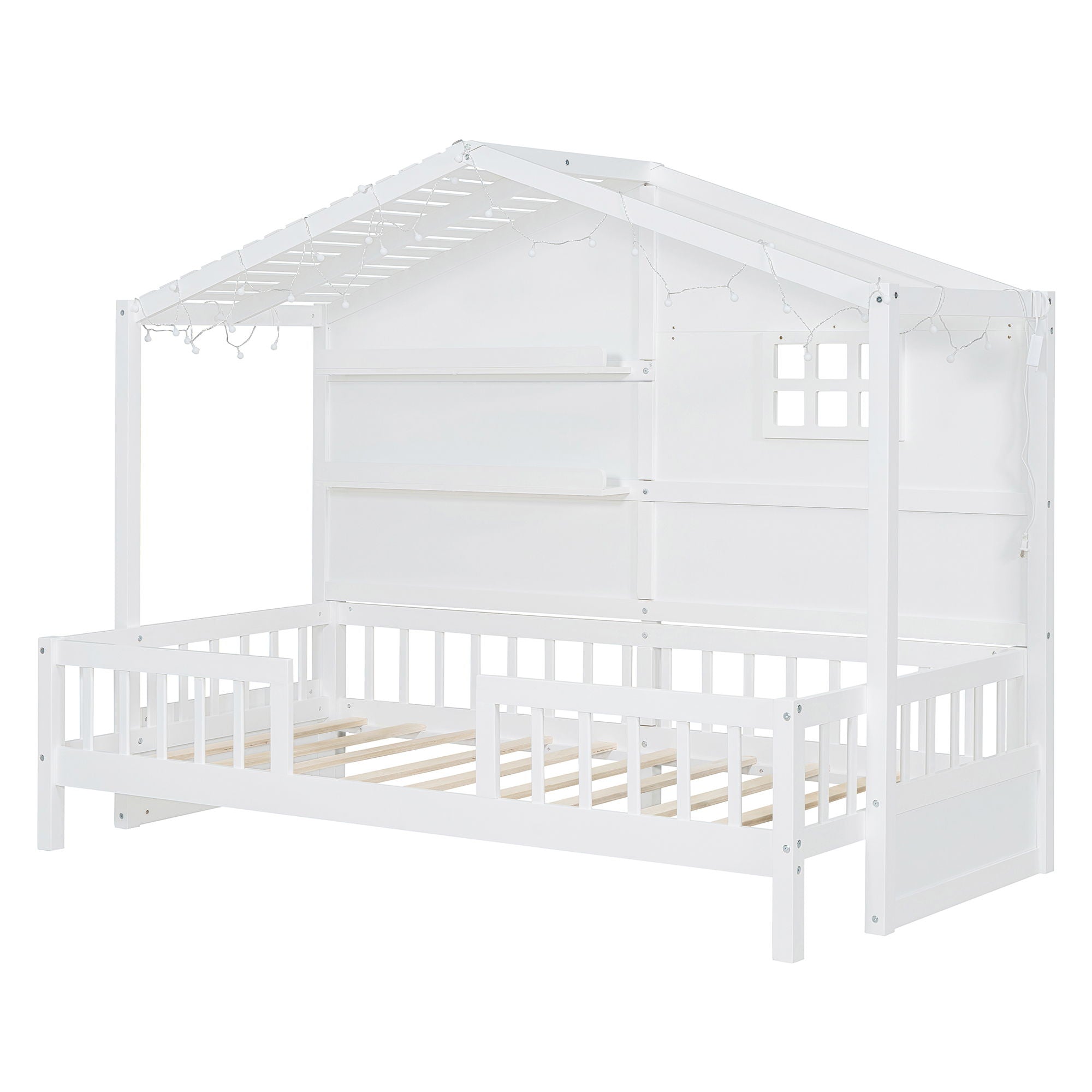 House Bed With Shelves, Window And Sparkling Light Strip On The Roof