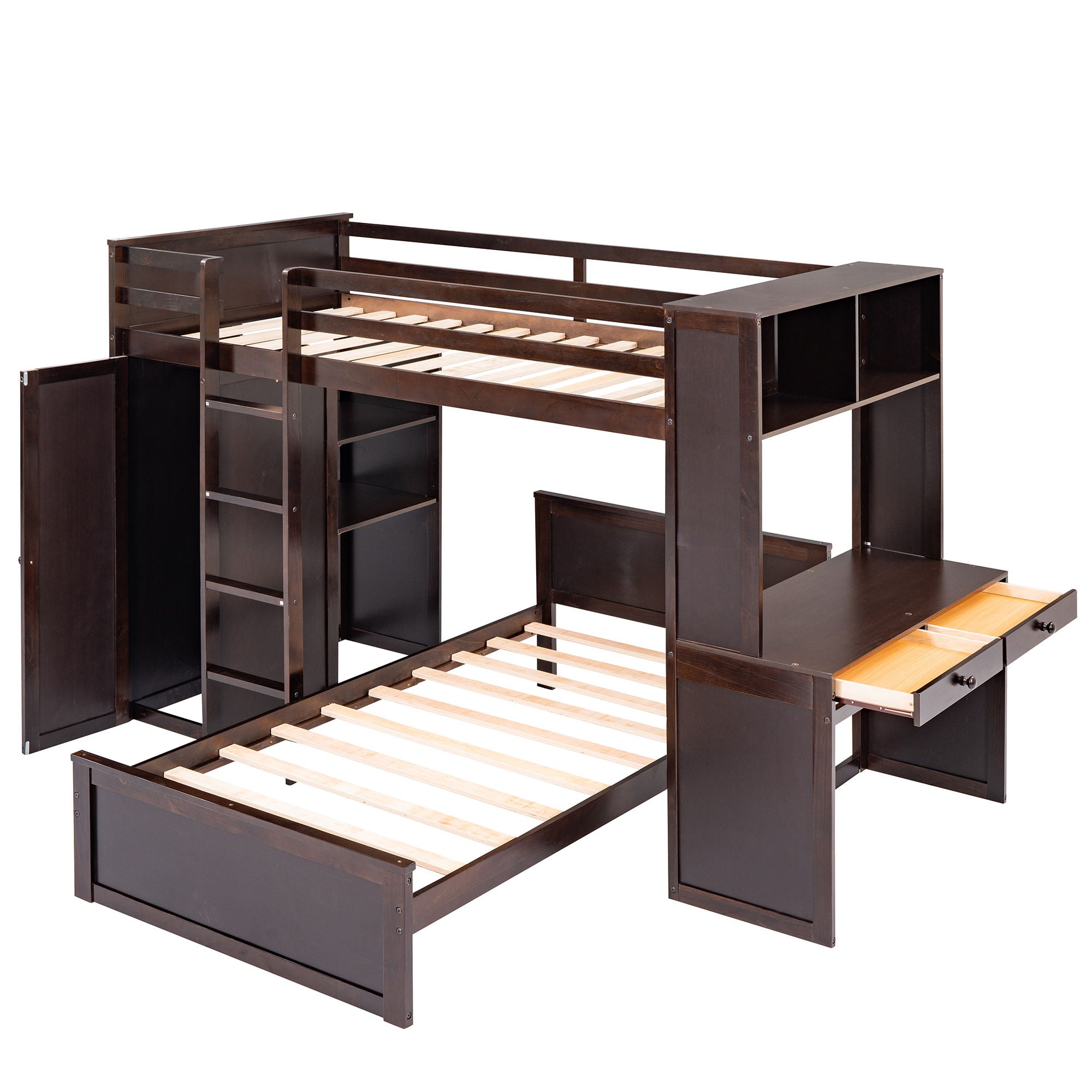 Loft Bed With A Stand Alone Bed, Shelves, Desk, And Wardrobe