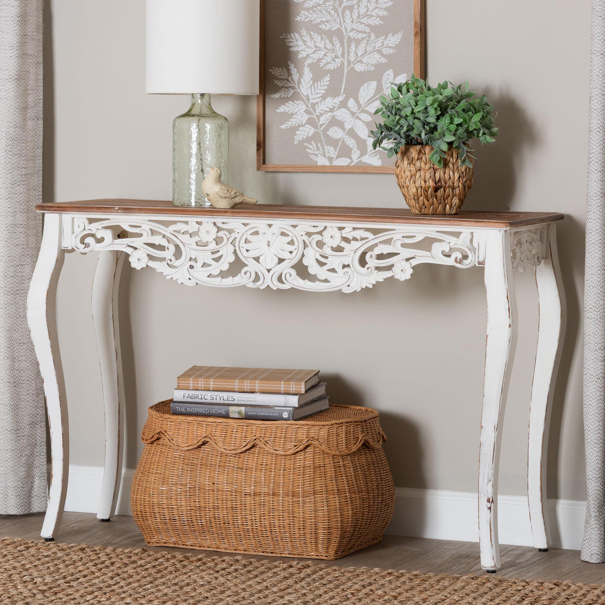 Riquin Distressed Wood Console Table - Carved Wood Accent Table with Floral Motif and Two-Tone Finishing