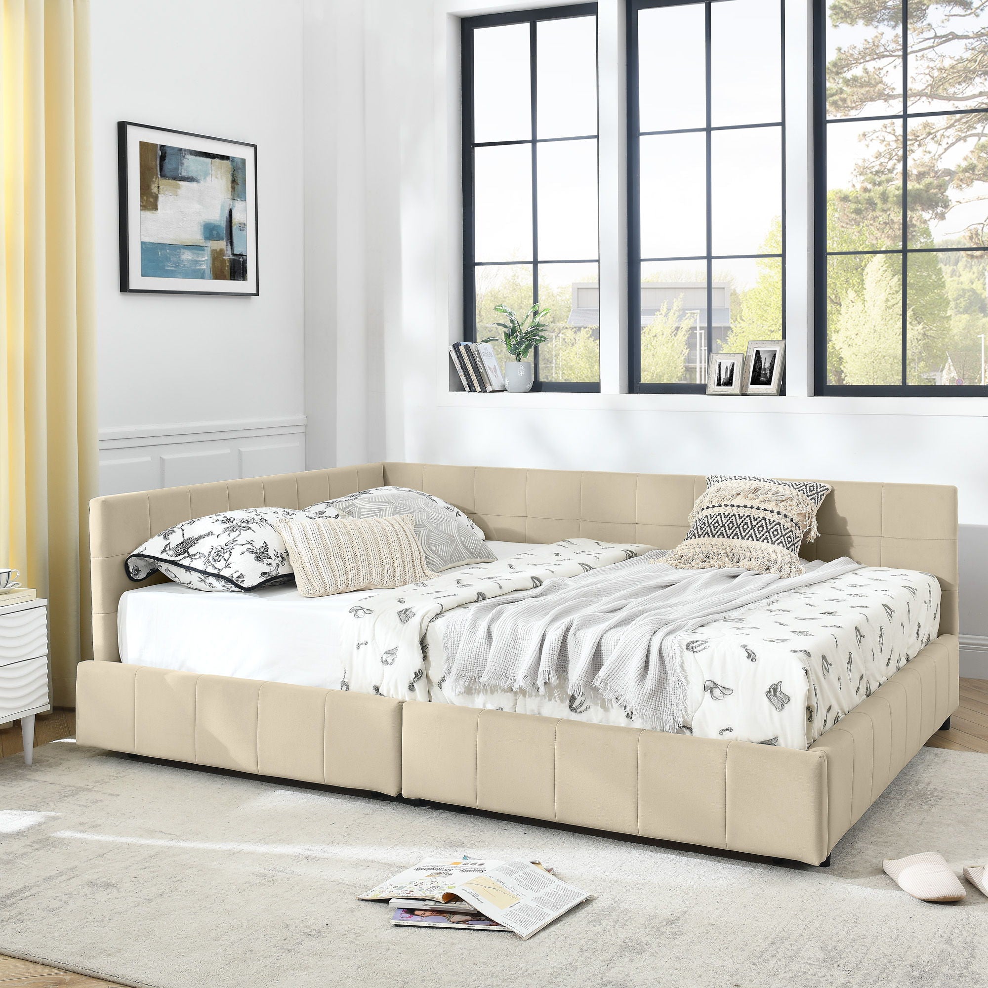 Mid-Century Storage Upholstered Tufted Bed Frame With Backrest And Armrests