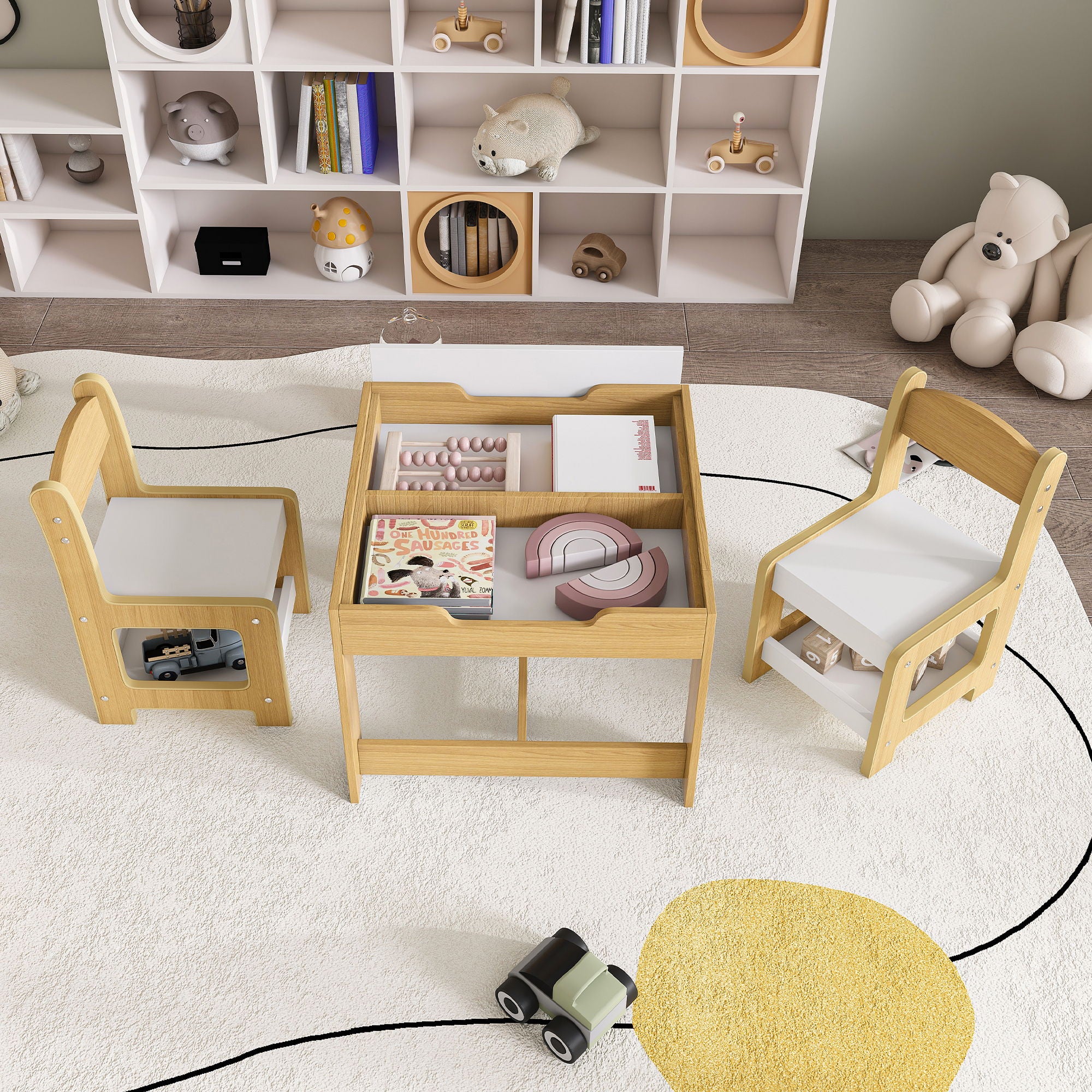 3 In 1 Kids Study Table & Chairs Set Multi Functional Activity Table With Detachable Blackboard Top - Natural Wood