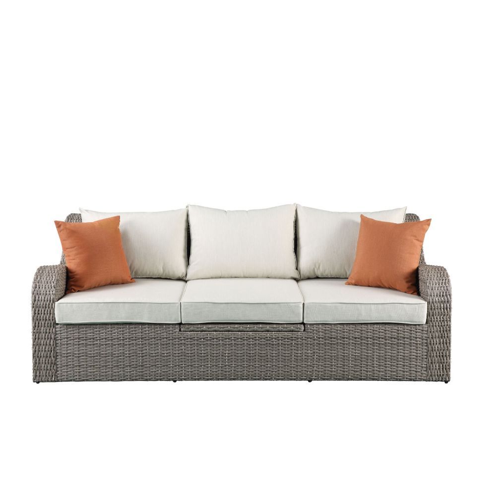 ACME Salena - Patio Sofa & Ottoman - Beige Fabric & Gray Wicker - 30" | Meri Furniture
