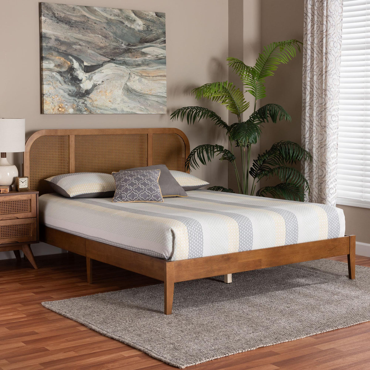 Fleur Mid-Century Woven Rattan Wood Queen Size Bed