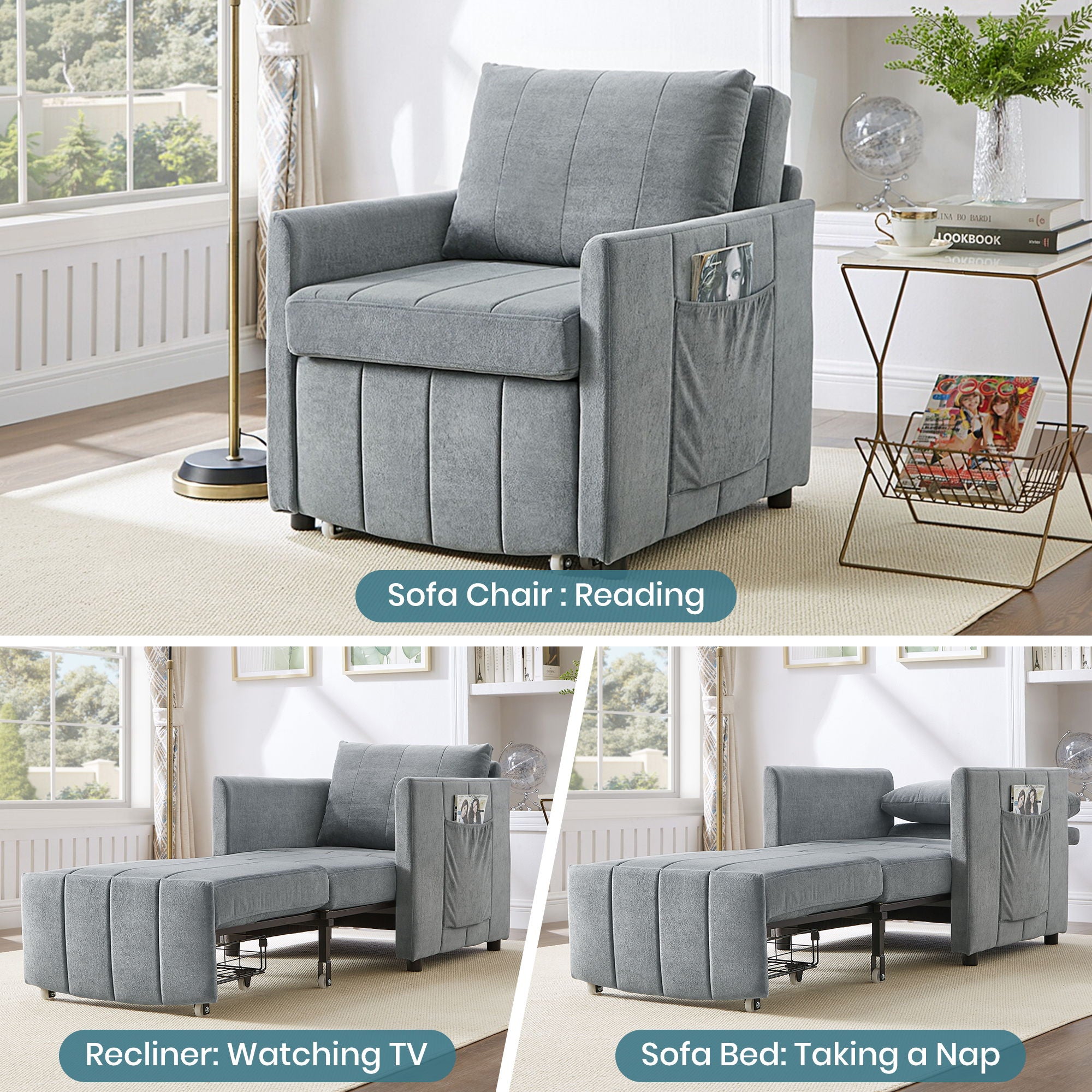 Upholstered Convertible Sleeper Sofa With 5 Position Backrest, Side Pockets, Storage