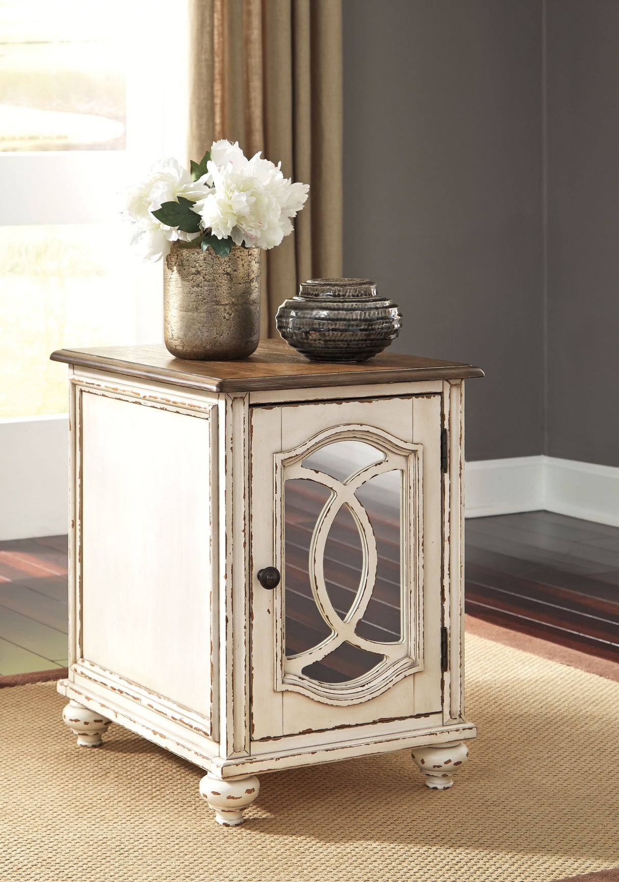 Ashley Furniture Realyn - White / Brown - Chair Side End Table - Insert Mirror | Meri Furniture