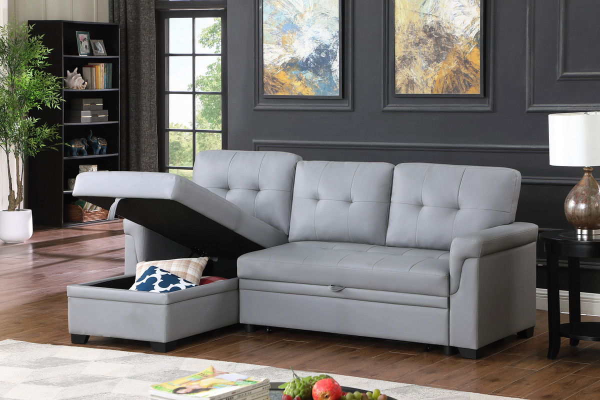 Lucca 84"W Gray Vegan Leather Modern Reversible Sleeper Sectional Sofa with Storage Chaise