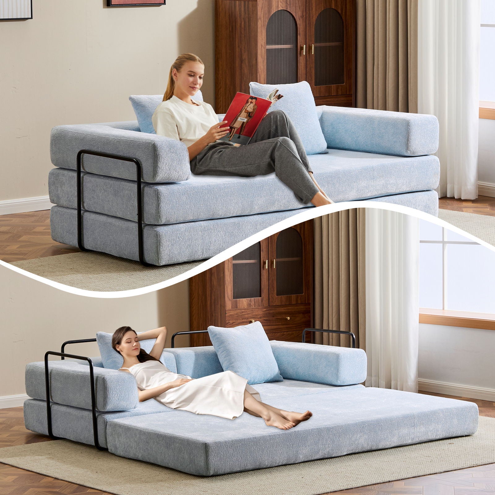 Convertible Floor Sofa Bed With Pillow Back Support Armrest