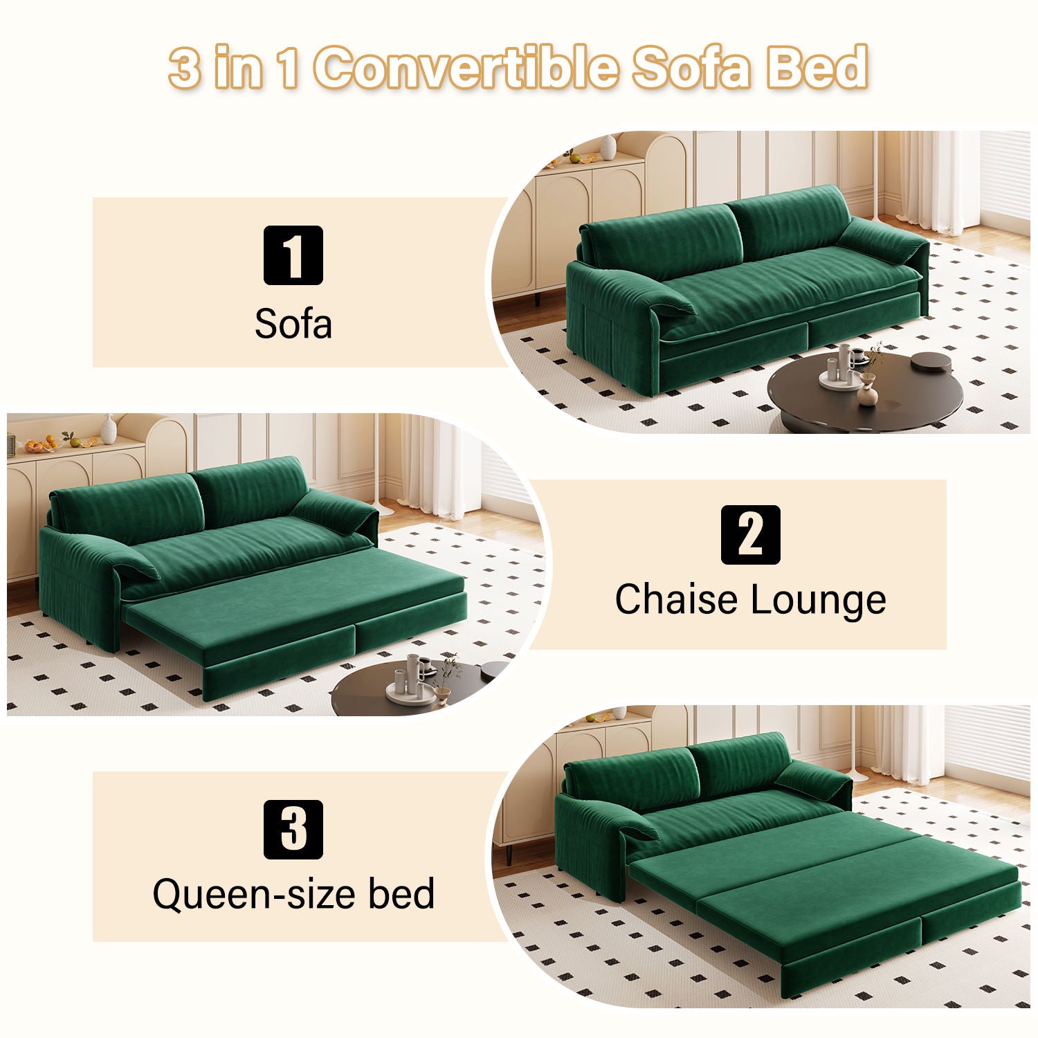 Queen Pull Out Sofa Bed, 3 In 1 Convertible Sleeper Sofa With Side Storage