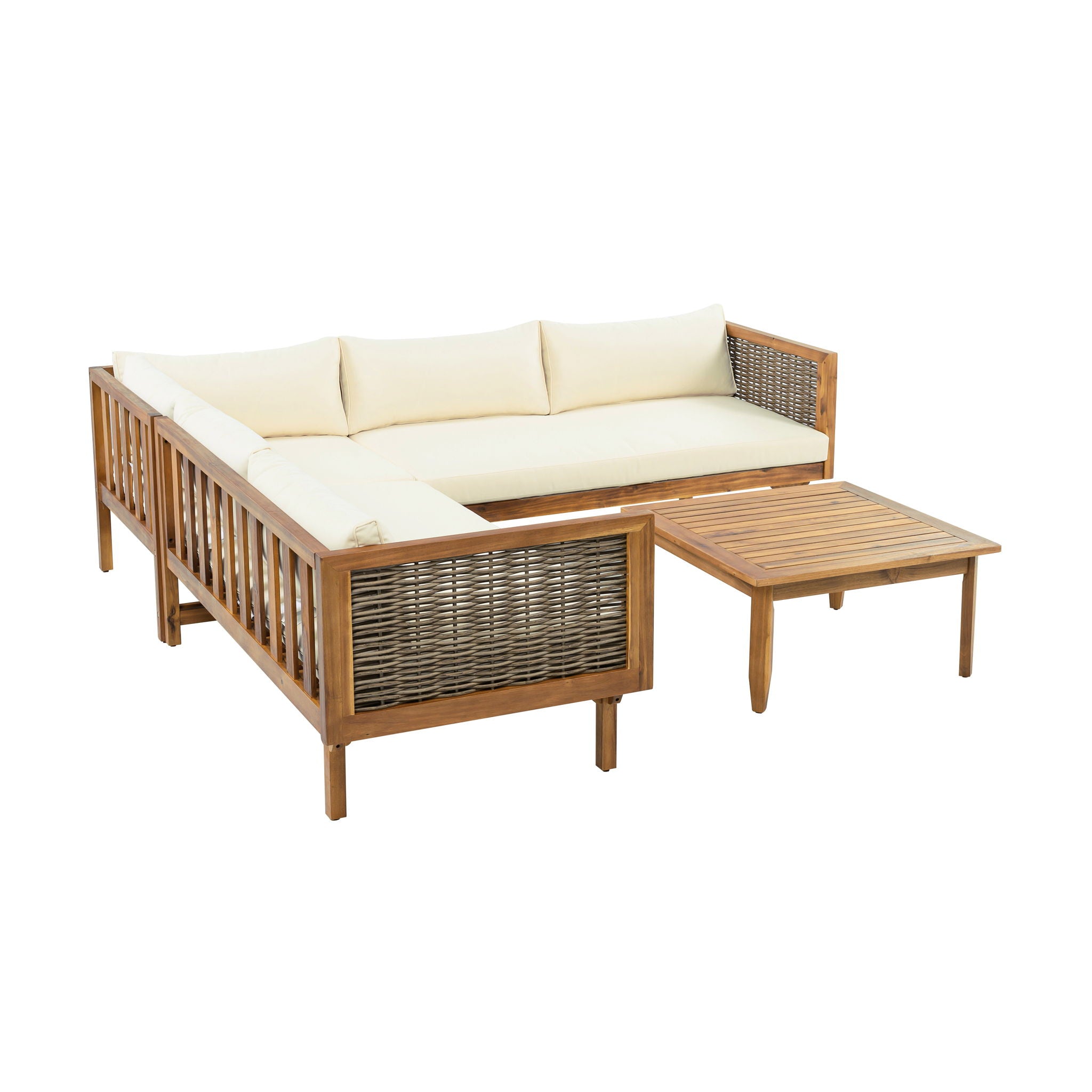 Premium Outdoor Sofa Set With Waterproof Cushions Sectional Seating Group With Acacia Wood And Wicker - Brown Mix / Beige