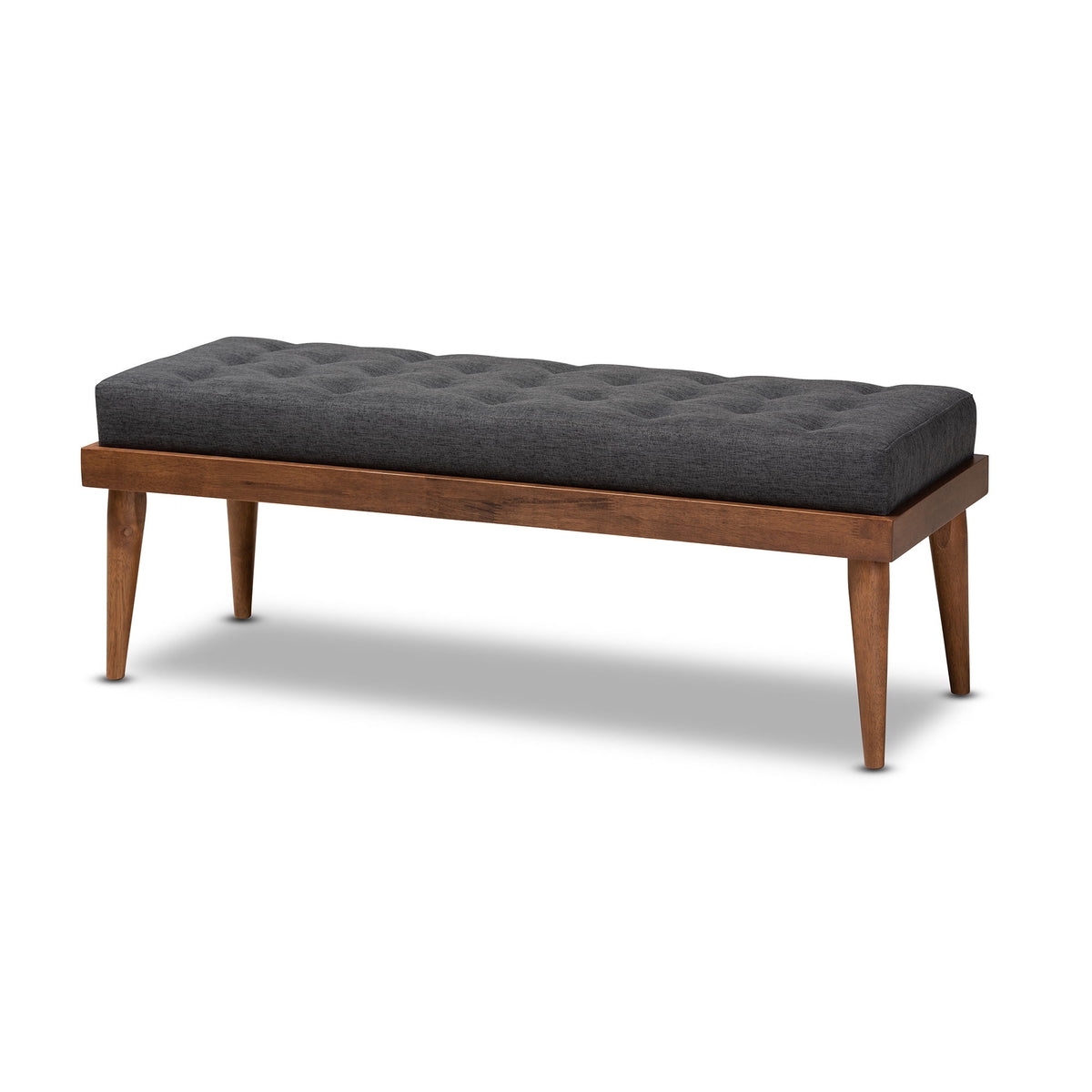Linus Mid-Century Modern Dark Grey Fabric Upholstered and Button Tufted Wood Bench