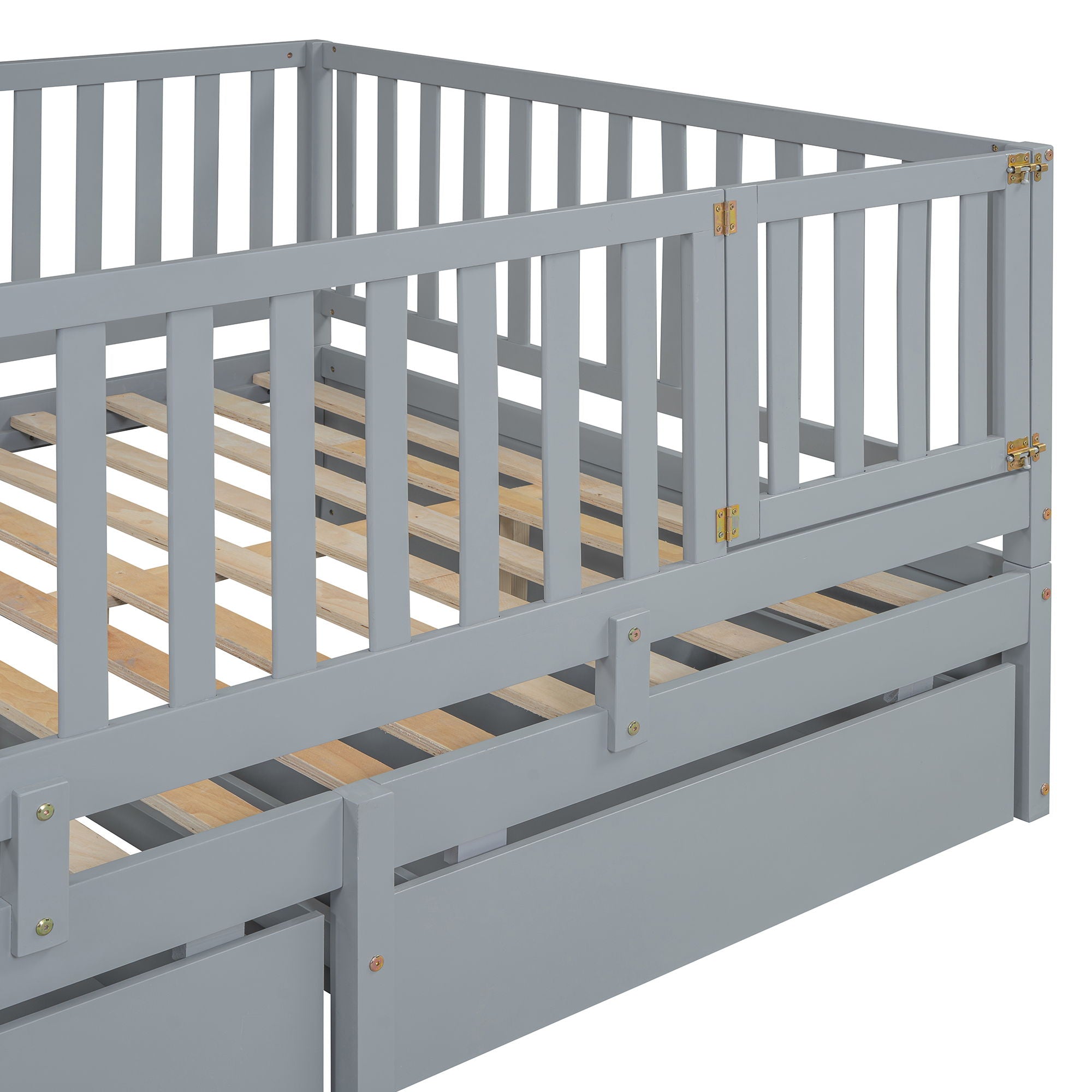 Daybed With Fence Guardrails And 2 Drawers, Split Into Independent Floor Bed & Daybed