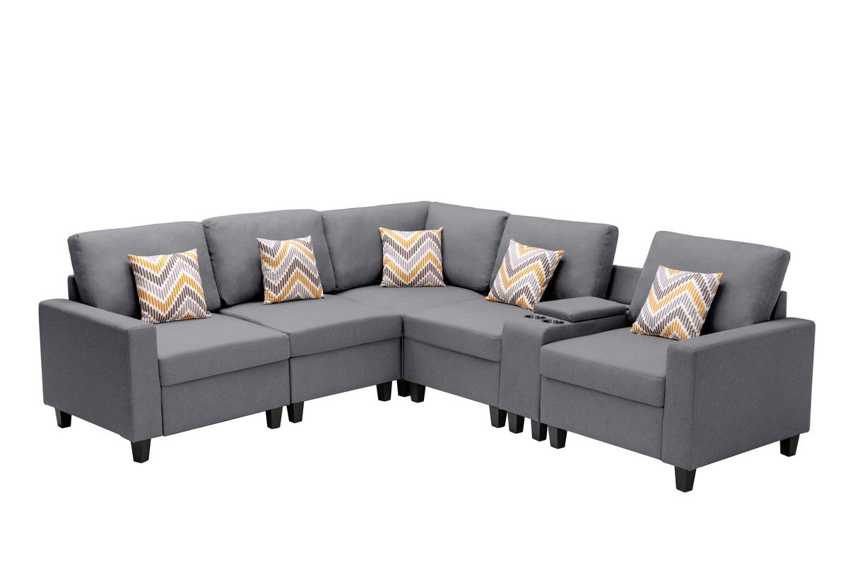 Nolan 106"W Gray Linen Fabric 6Pc Reversible Sectional Sofa with a USB, Charging Ports, Cupholders, Storage Console Table and Pillows and Interchangeable Legs