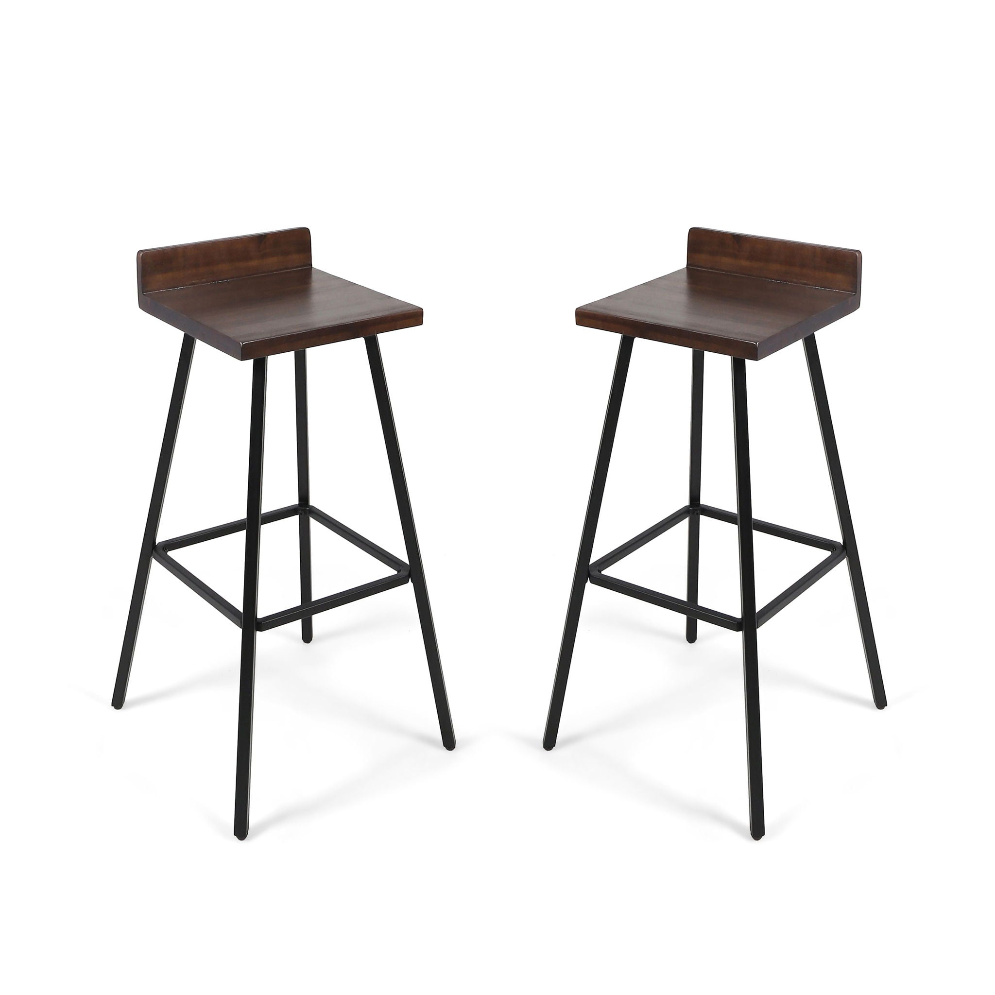 Outdoor Bar Stool With Low Backrests And Wood Seats (Set of 2) - Dark Brown / Black
