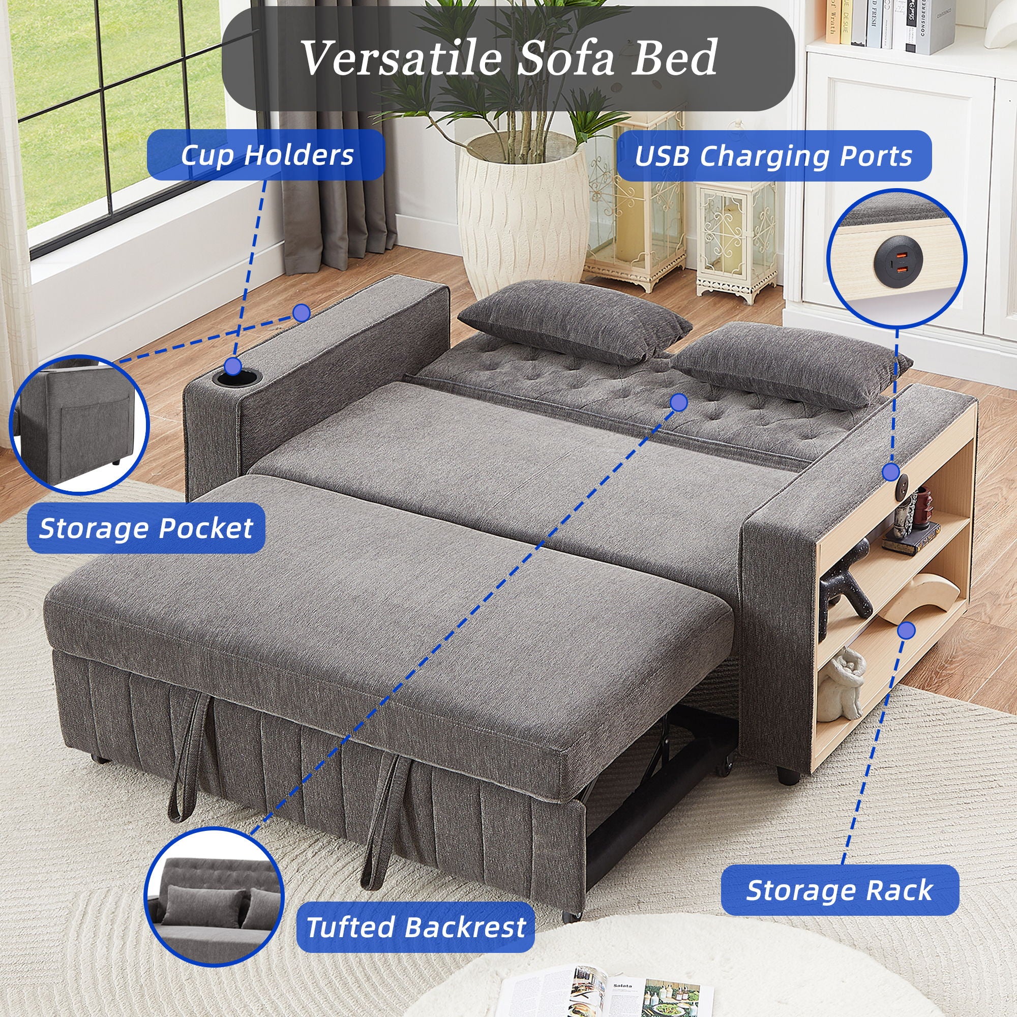 Pull-Out Sofa Bed Convertible Couch With Adjustable Backrest For Living Room