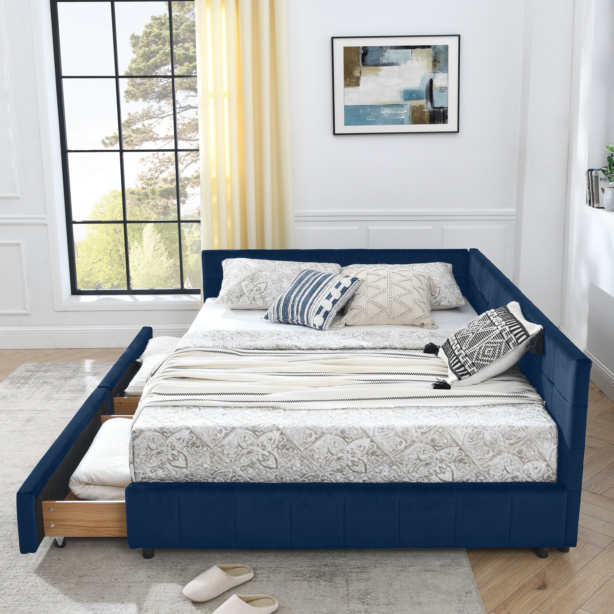 Upholstered Bed Frame With Tufted Backrest And Armrests