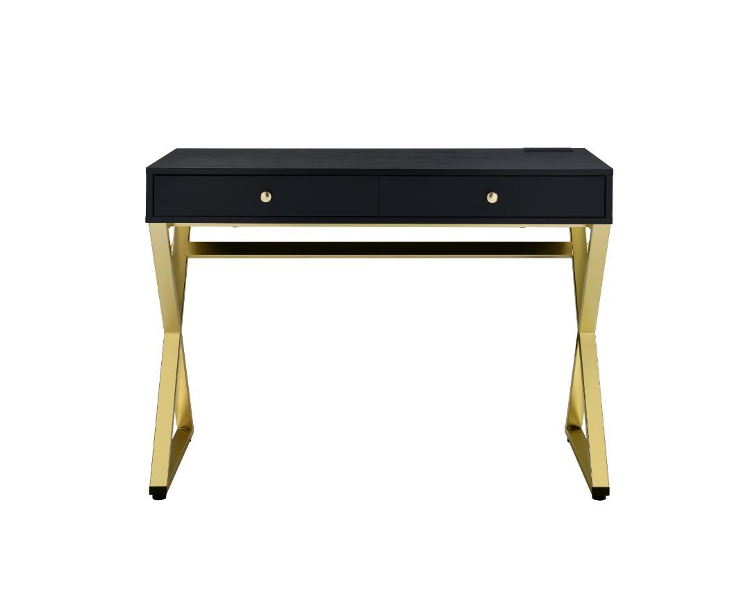 Coleen - Writing Desk With USB Same Ac00894) - Black & Brass