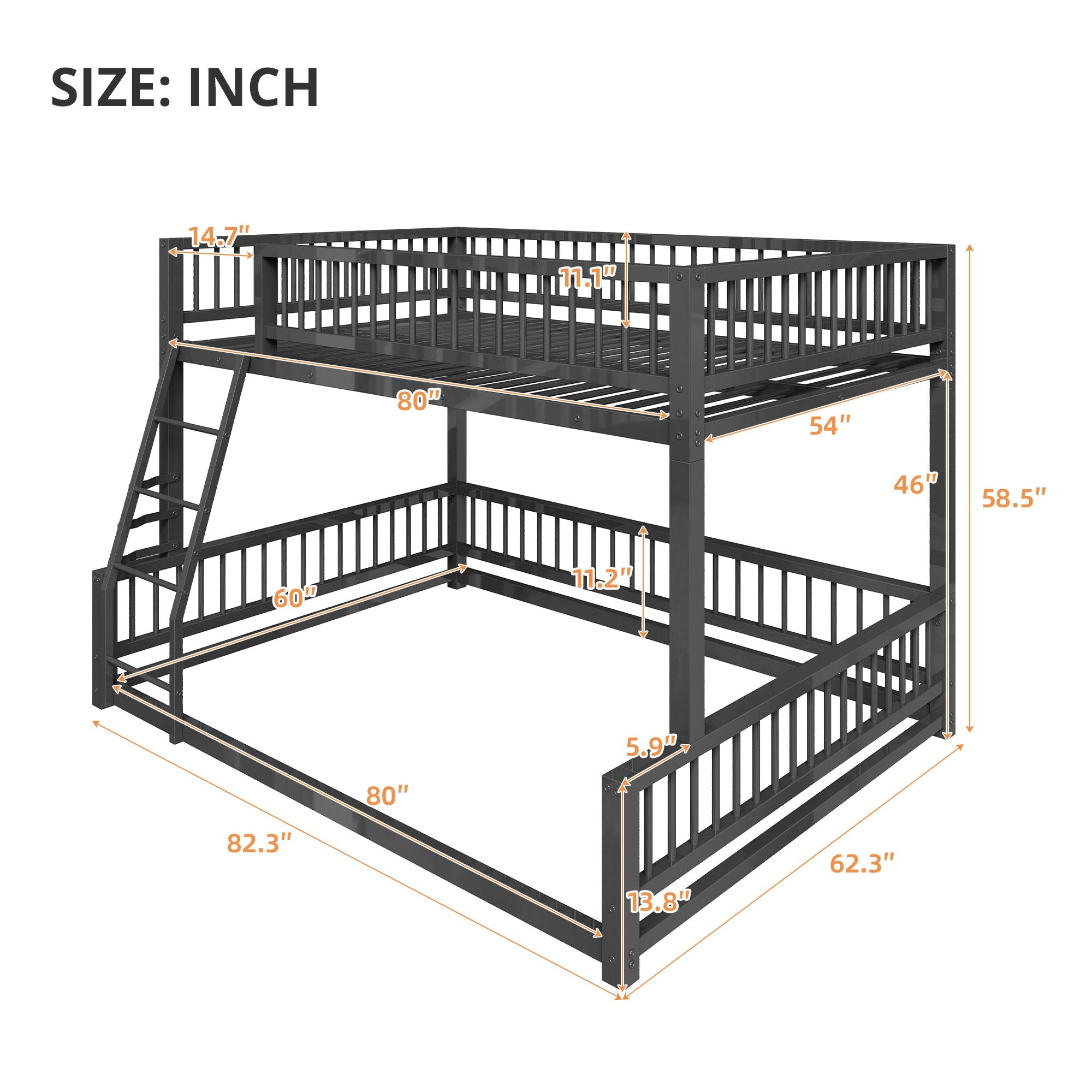 Bunk Bed Frame With Ladder And Safety Guardrails