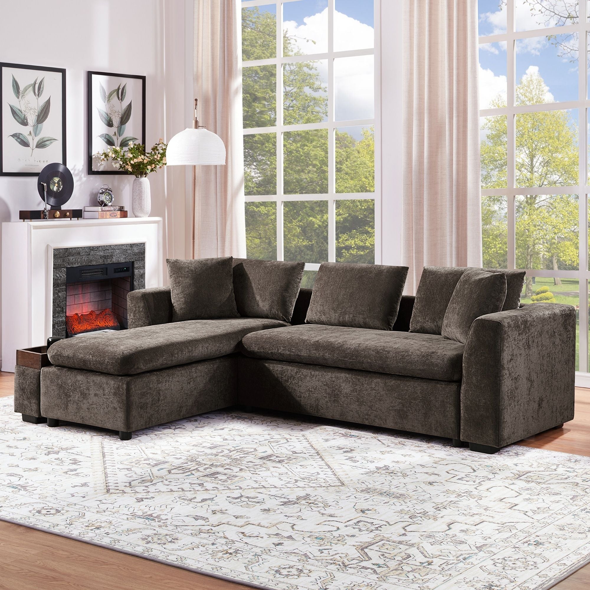 Modern L Shaped Sectional Sofa With Chenille Upholstery And Wooden Storage