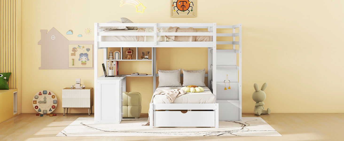Bunk Bed With Desk, Drawers And Shelves