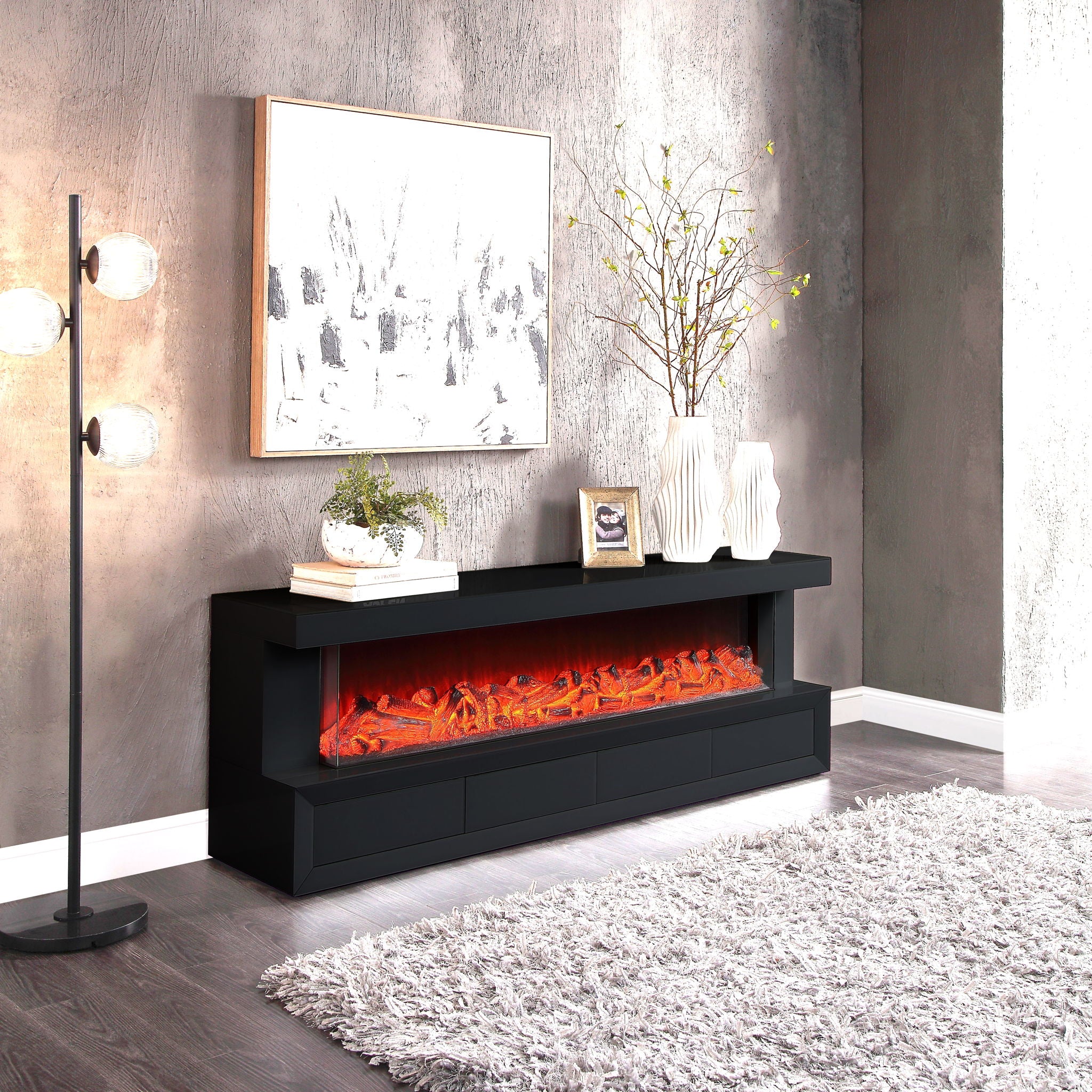 Dorian 70.5"W Black Finish TV Stand with Fireplace and Speaker