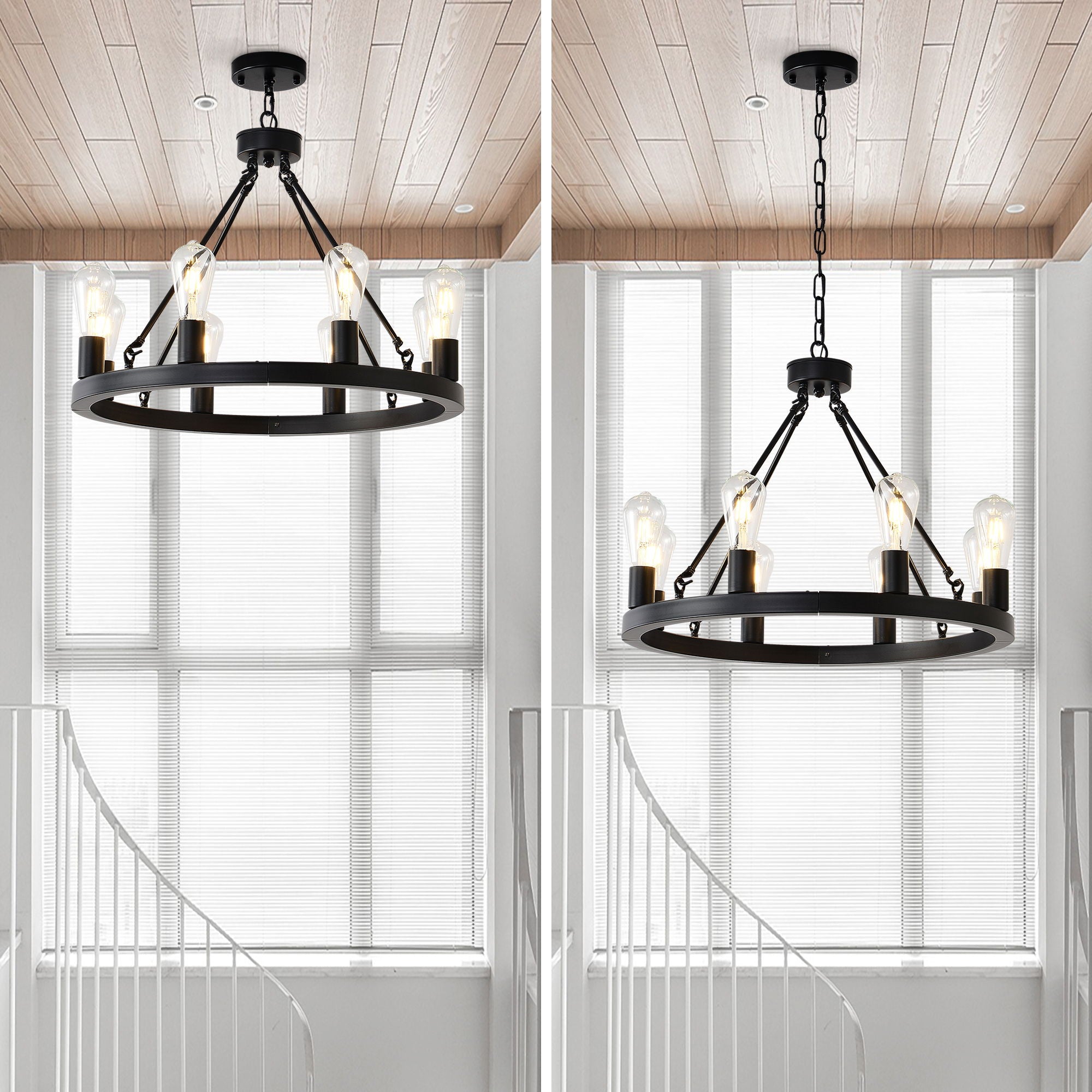 6 Light (No Bulbs) Wagon Wheel Chandelier Farmhouse Modern Small Round Chandelier For Living Room Kitchen Island Foyer Hallway Entryway Bedroom Dining Room Light Fixture Ceiling Hanging - Matte Black