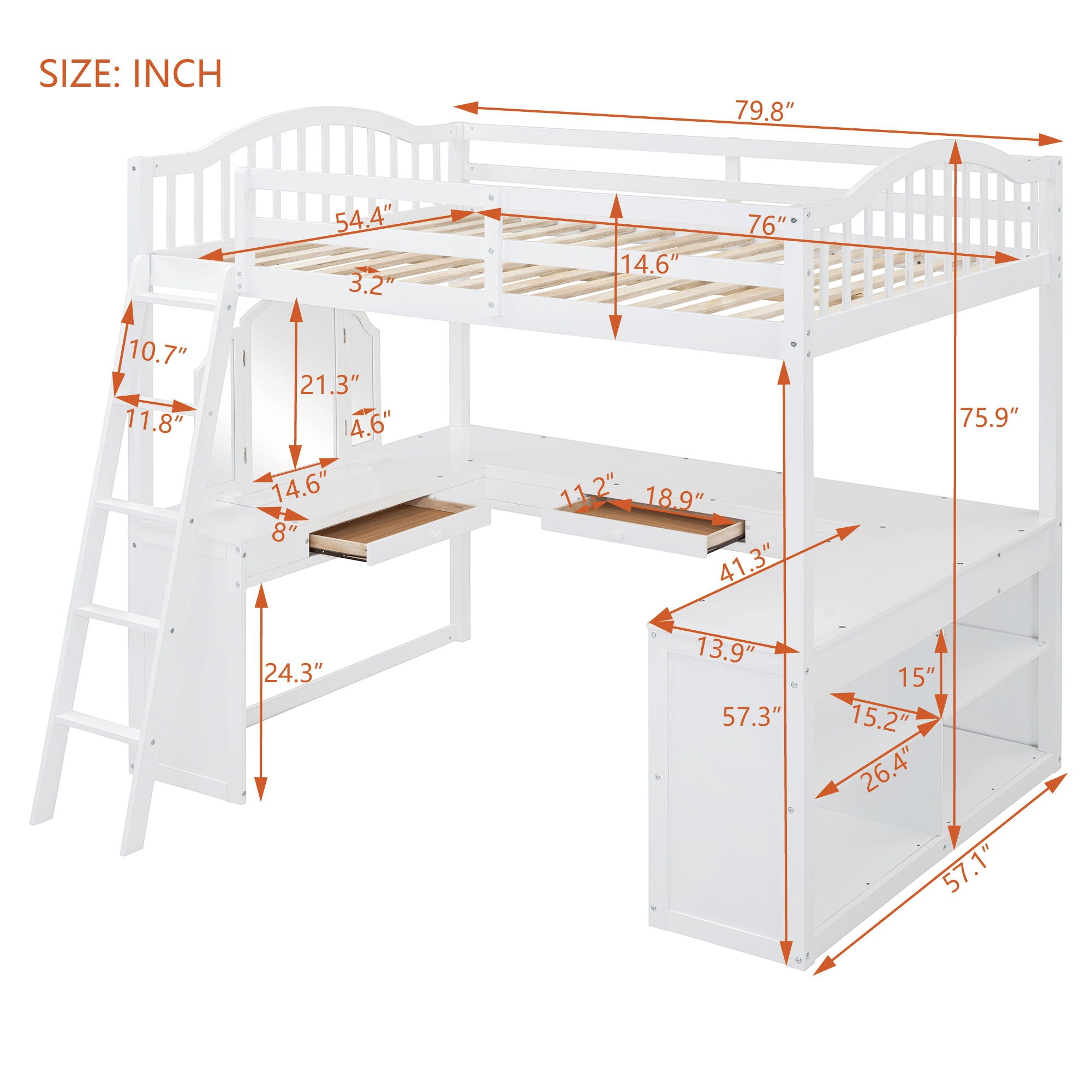 Loft Bed With Drawers, Cabinet, Shelves With Desk
