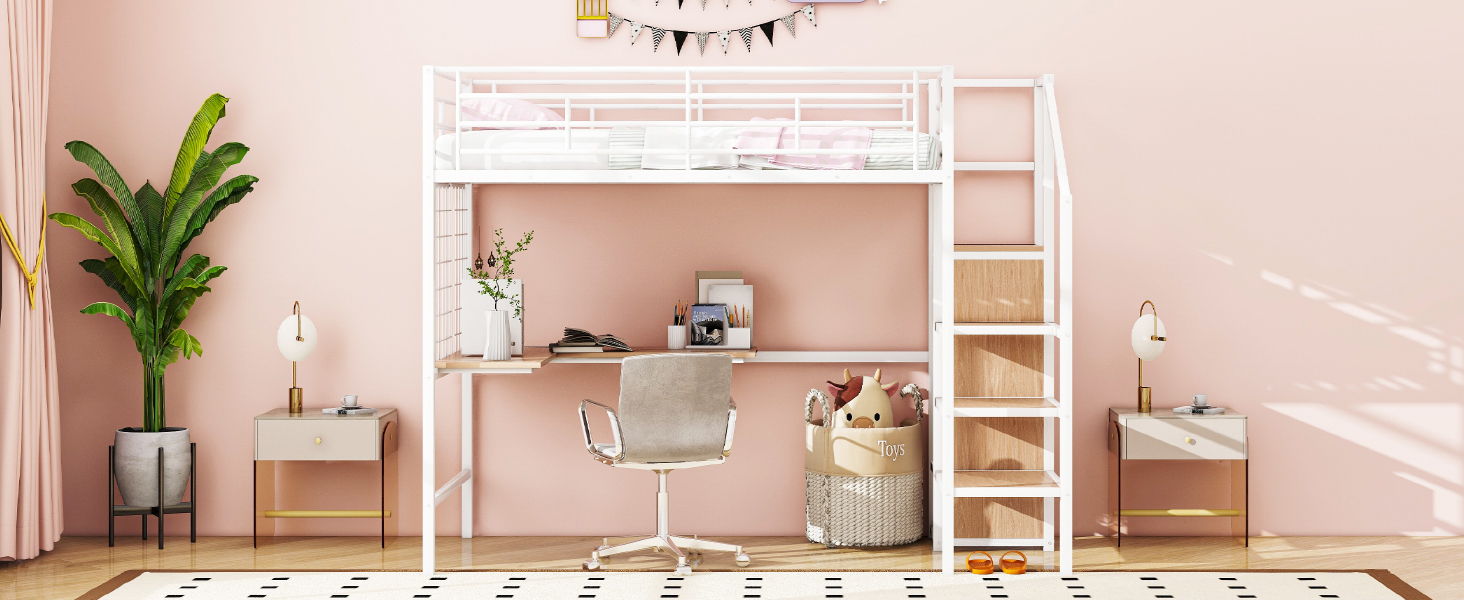 Loft Bed With Desk And Grid, Stylish Frame With Lateral Storage Ladder And Wardrobe