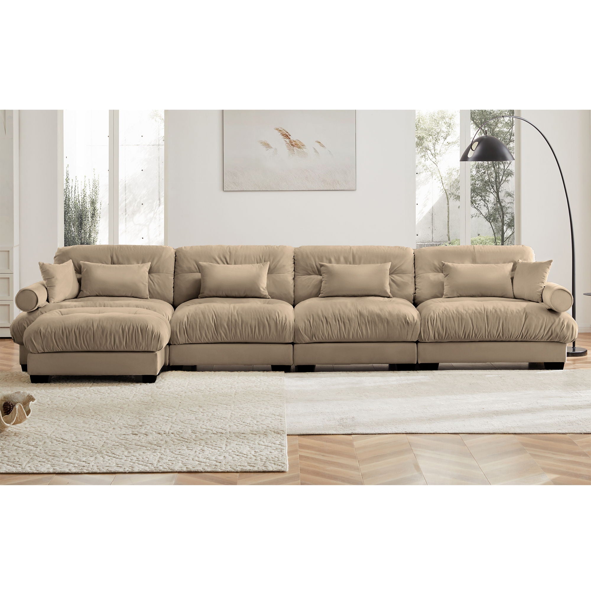 Modern Sectional Sofa With Ottoman, Round Bolster Armrests, Waist And Throw Pillows