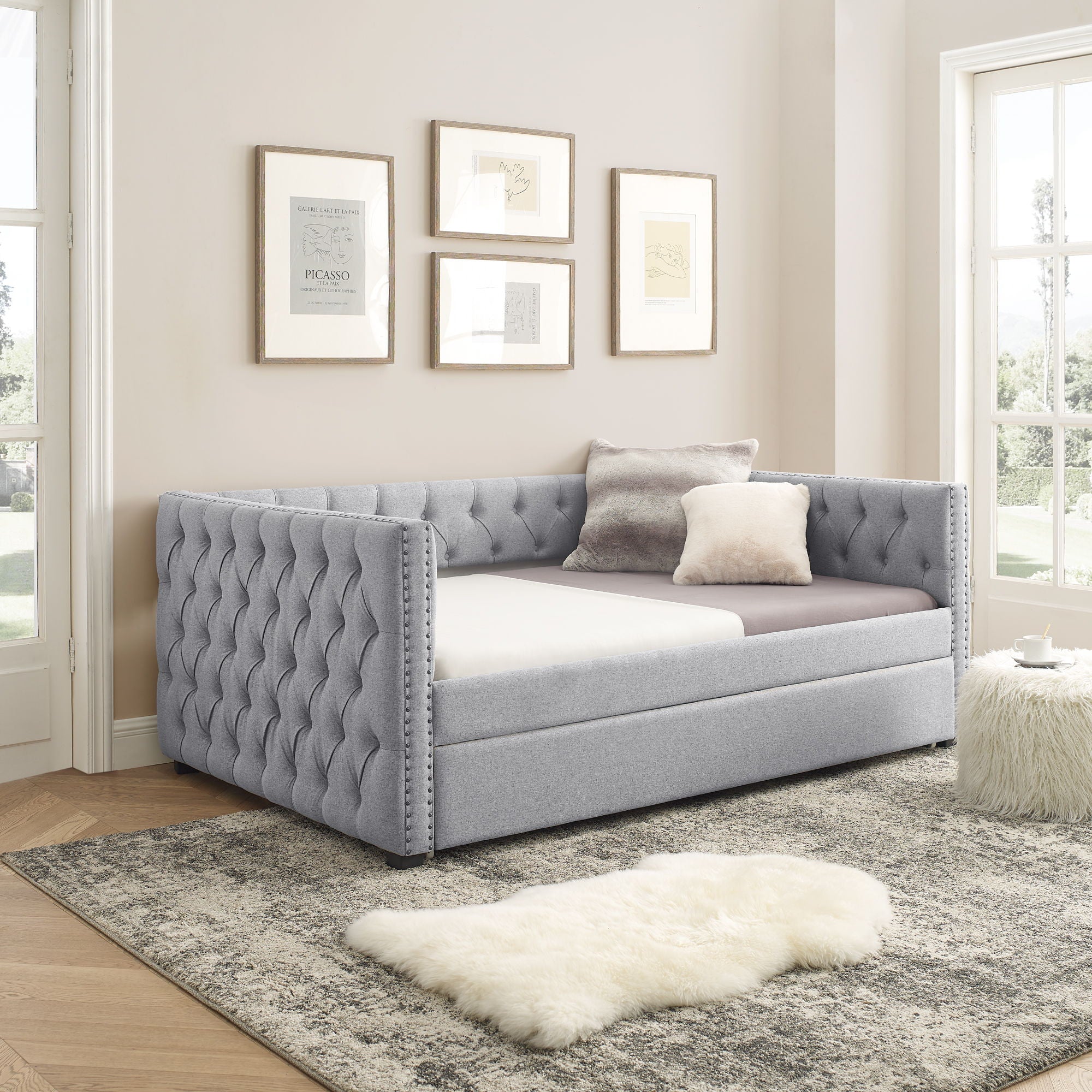 Inspired Upholstered Daybed With Trundle, Button Tufted
