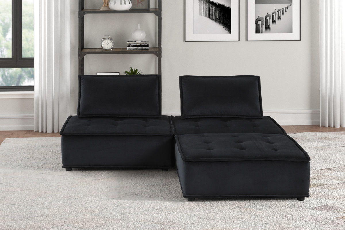 Anna 80"W Black Velvet 3 Pc Sectional Sofa Ottoman