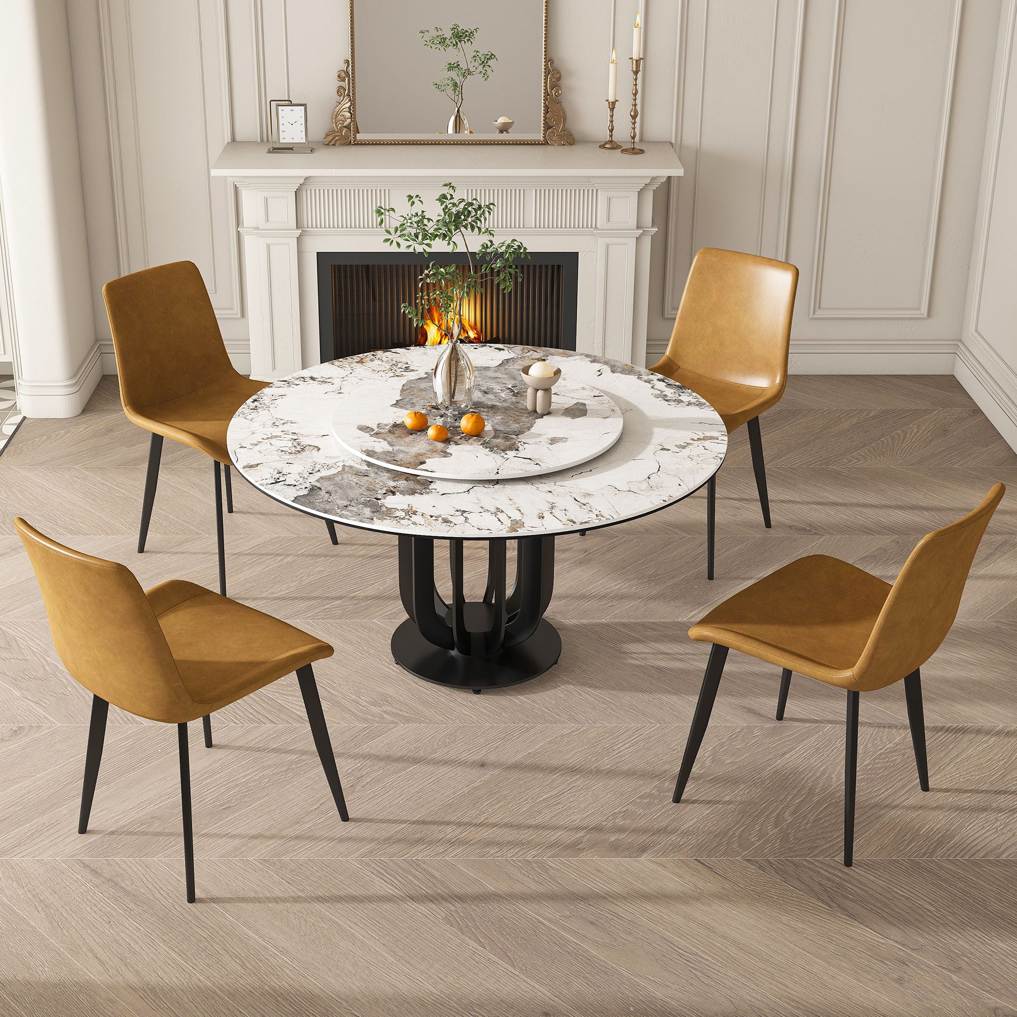 Round Dining Table With Carbon Steel Base And Lazy Susan Industrial Style - Black / White