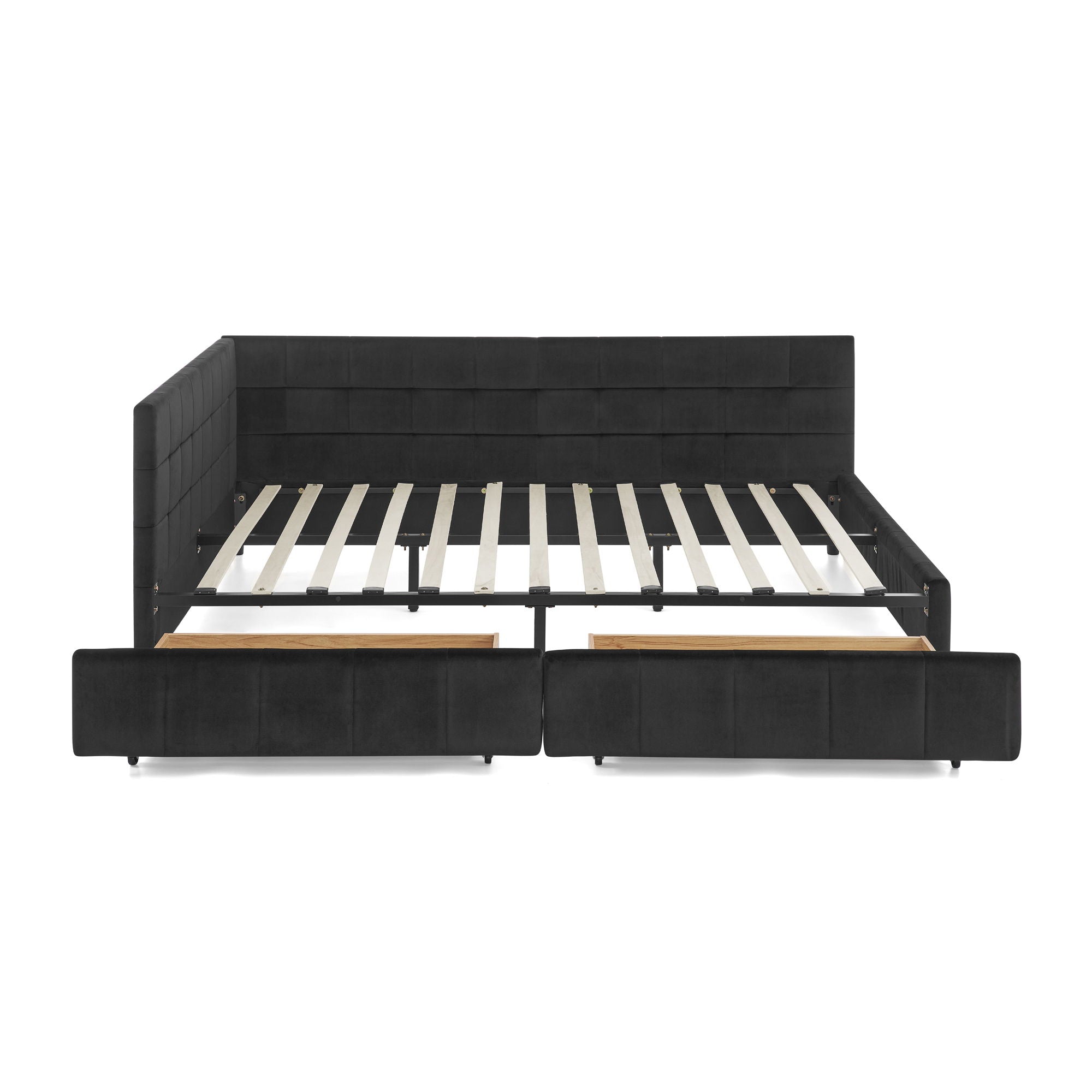 Mid-Century Storage Upholstered Tufted Bed Frame With Backrest And Armrests