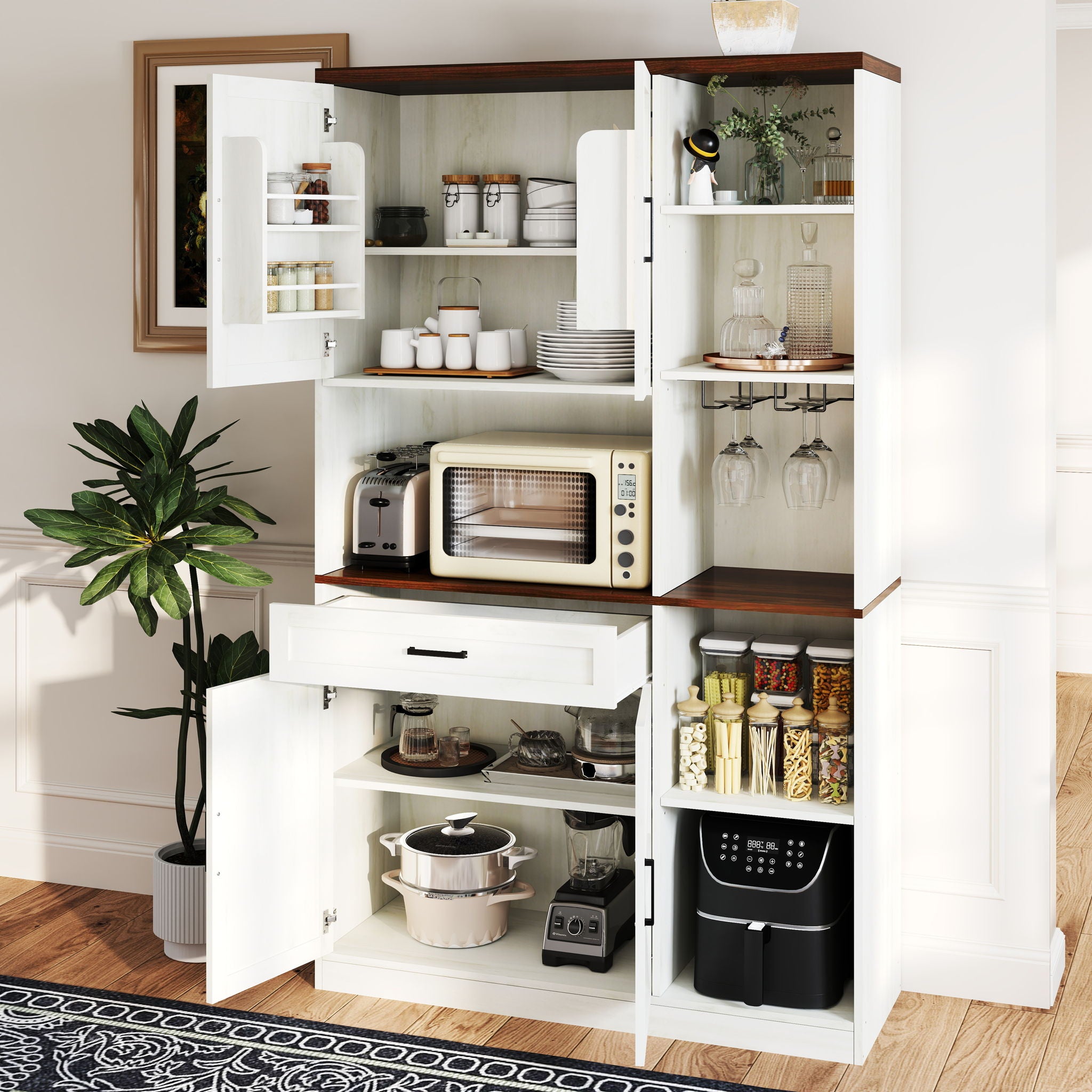 Farmhouse Kitchen Pantry Sideboard With Cabinet And Drawer, Multi Functional Kitchen Buffet With Hutch And Glass Holder, Microwave Stand With Charging Station - Brown / Antique White