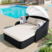 Outdoor Sunbed With Adjustable Canopy, Double Lounge, Daybed - Black / Beige