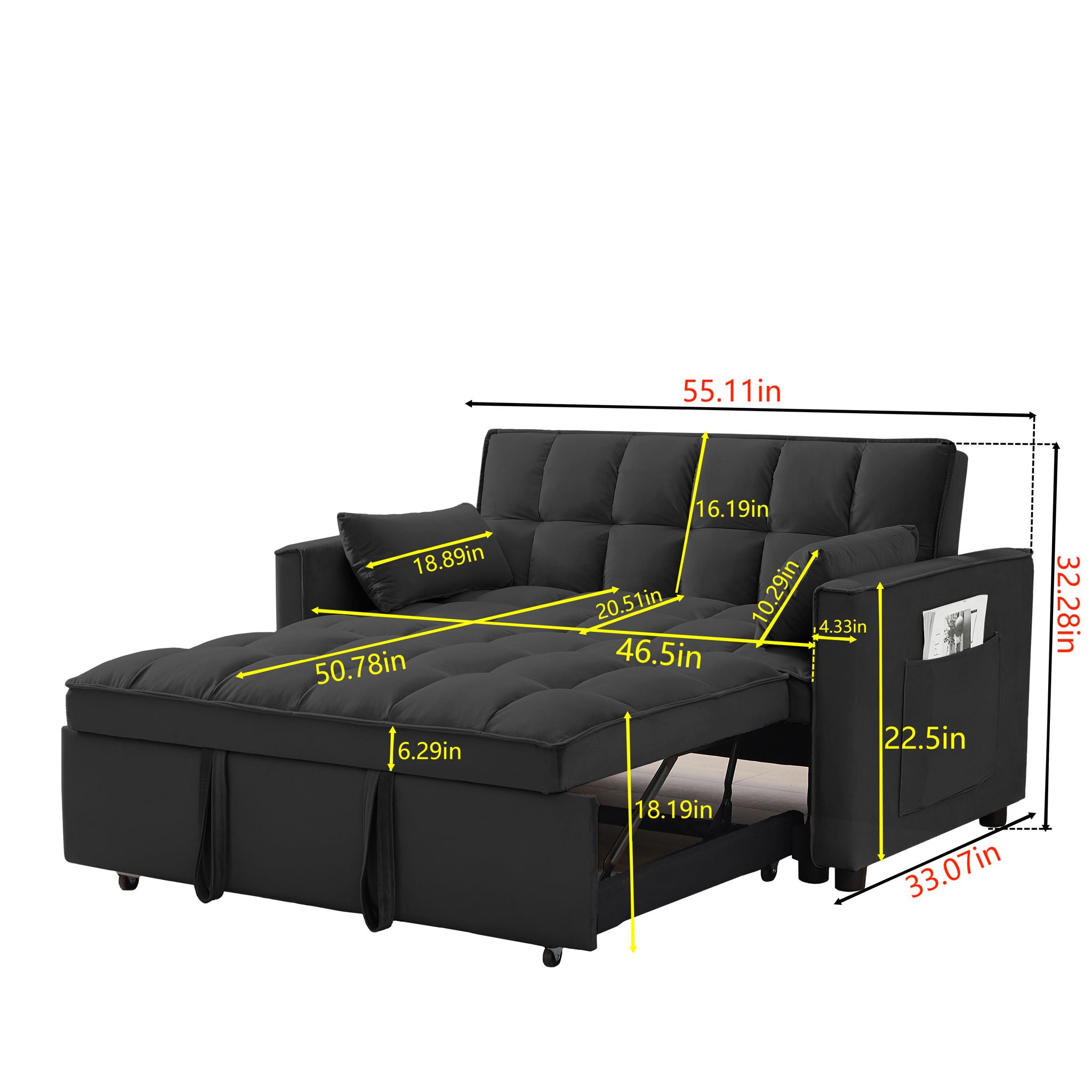 Modern Convertible Velvet Futon Loveseat With Sleeper Bed Function