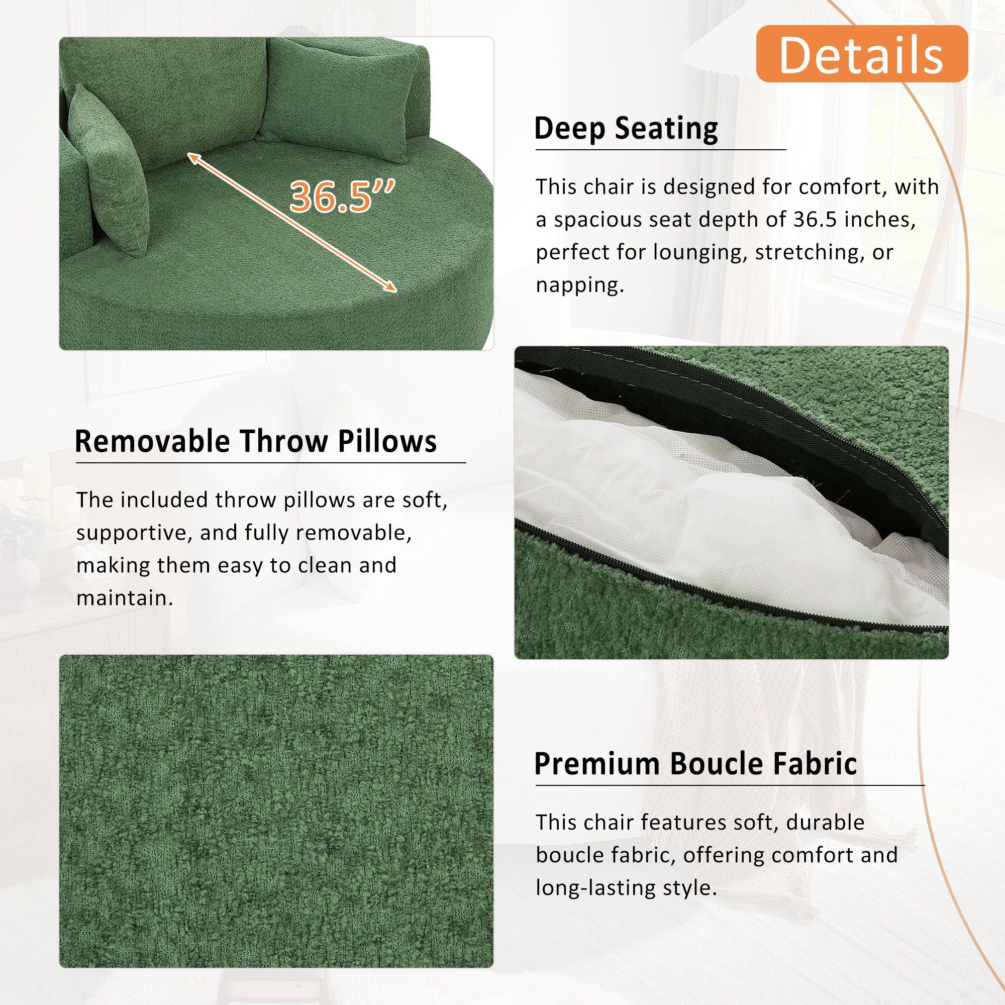 360° Swivel Accent Barrel Chair With 3 Removable Pillows For Living Room