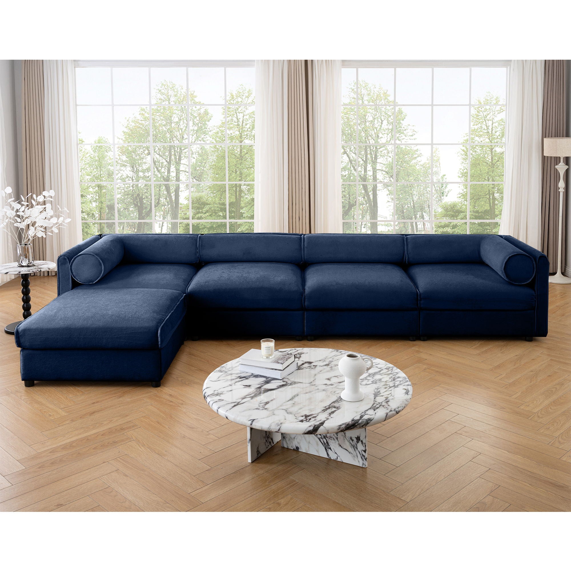 Contemporary Elegant White Chenille Sofa With Storage And Ottoman