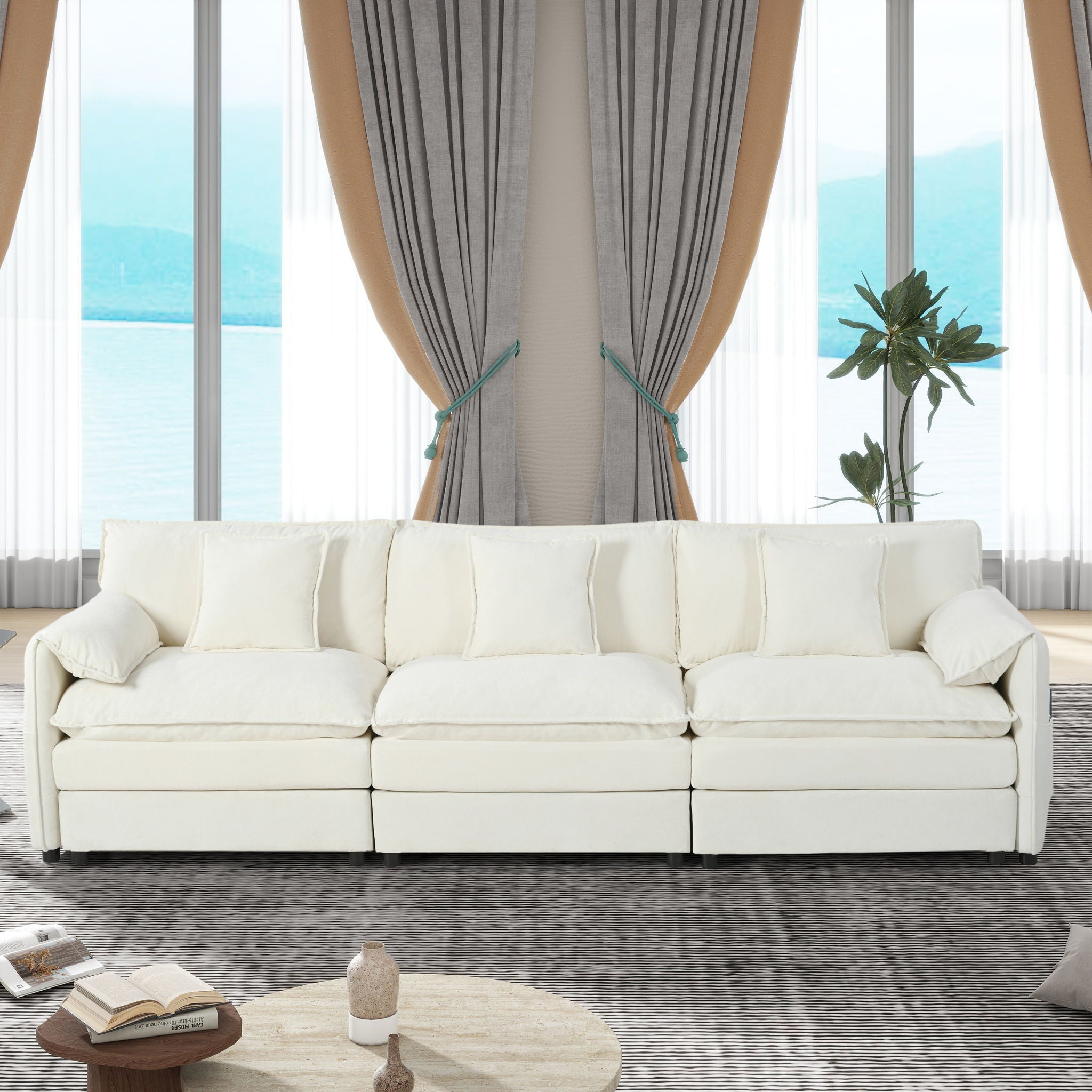 Modern Chenille Oversized Deep Seat Sectional Sofa With Pillows