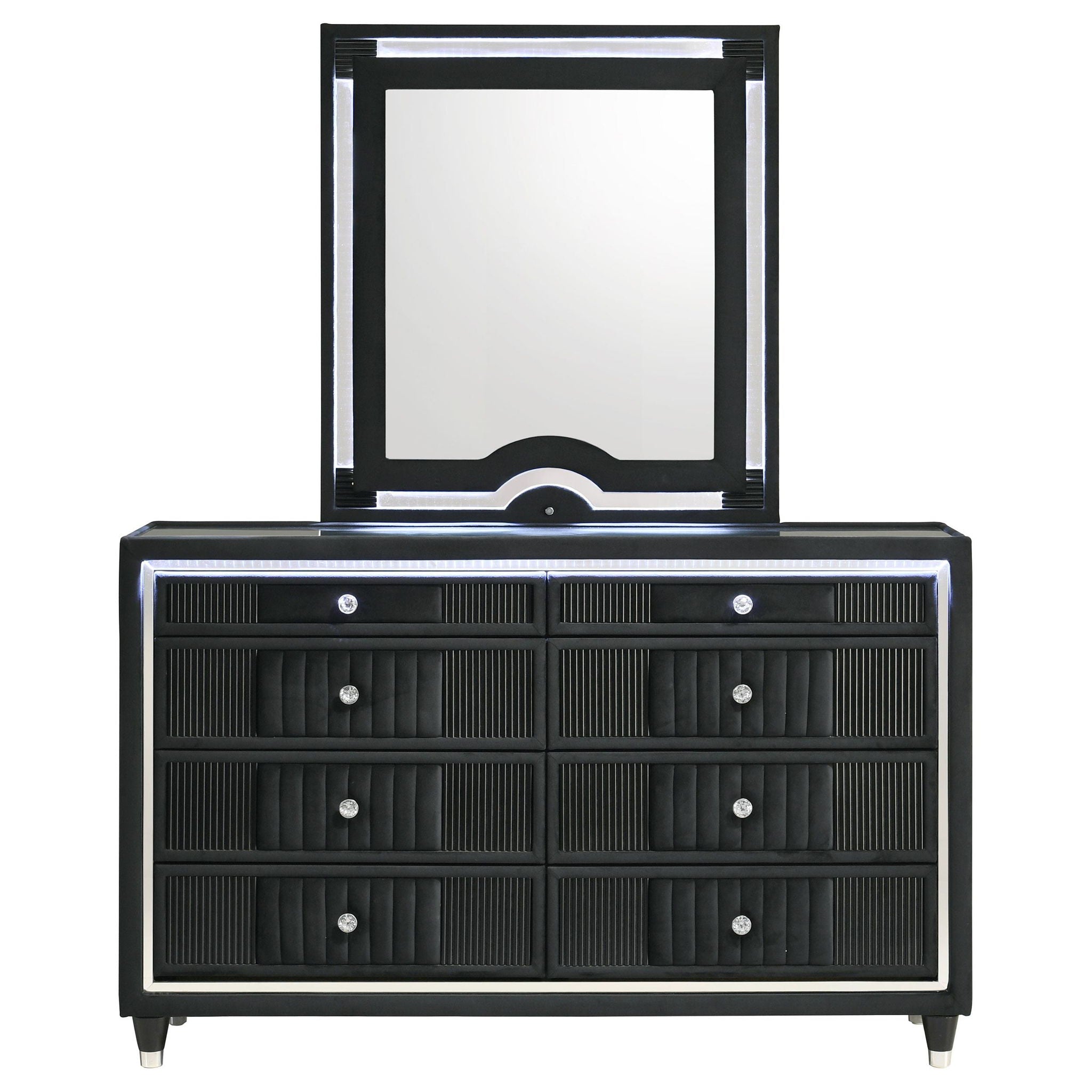 Ravenne 8-drawer Velvet Upholstered LED Dresser and Mirror Black