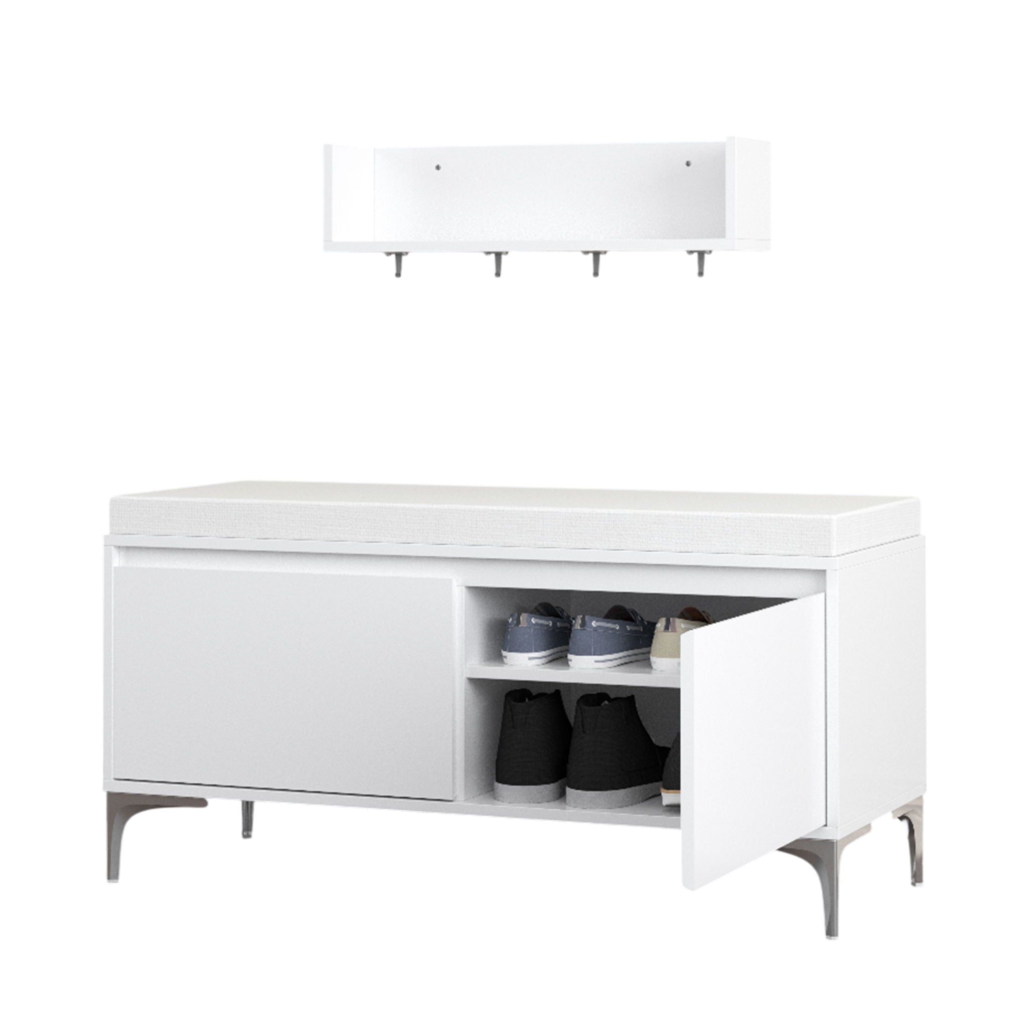 Wall Mounted Entryway Shelf With Hooks And Storage Bench Set - Off White