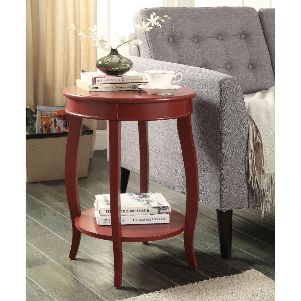 ACME This Alberta side table will be your favorite accent piece with its round top form and stylized legs. Offered in four different colors: Antique White, walnut, red, and teal. One is sure to fit perfect with your style. | Meri Furniture